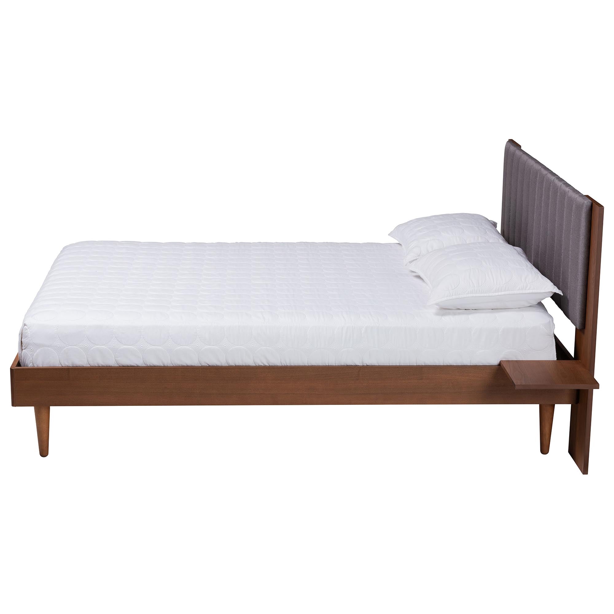 Kalista Transitional Modern Grey Fabric And Walnut Brown Wood Queen Size Bed With Built-In Side Tables