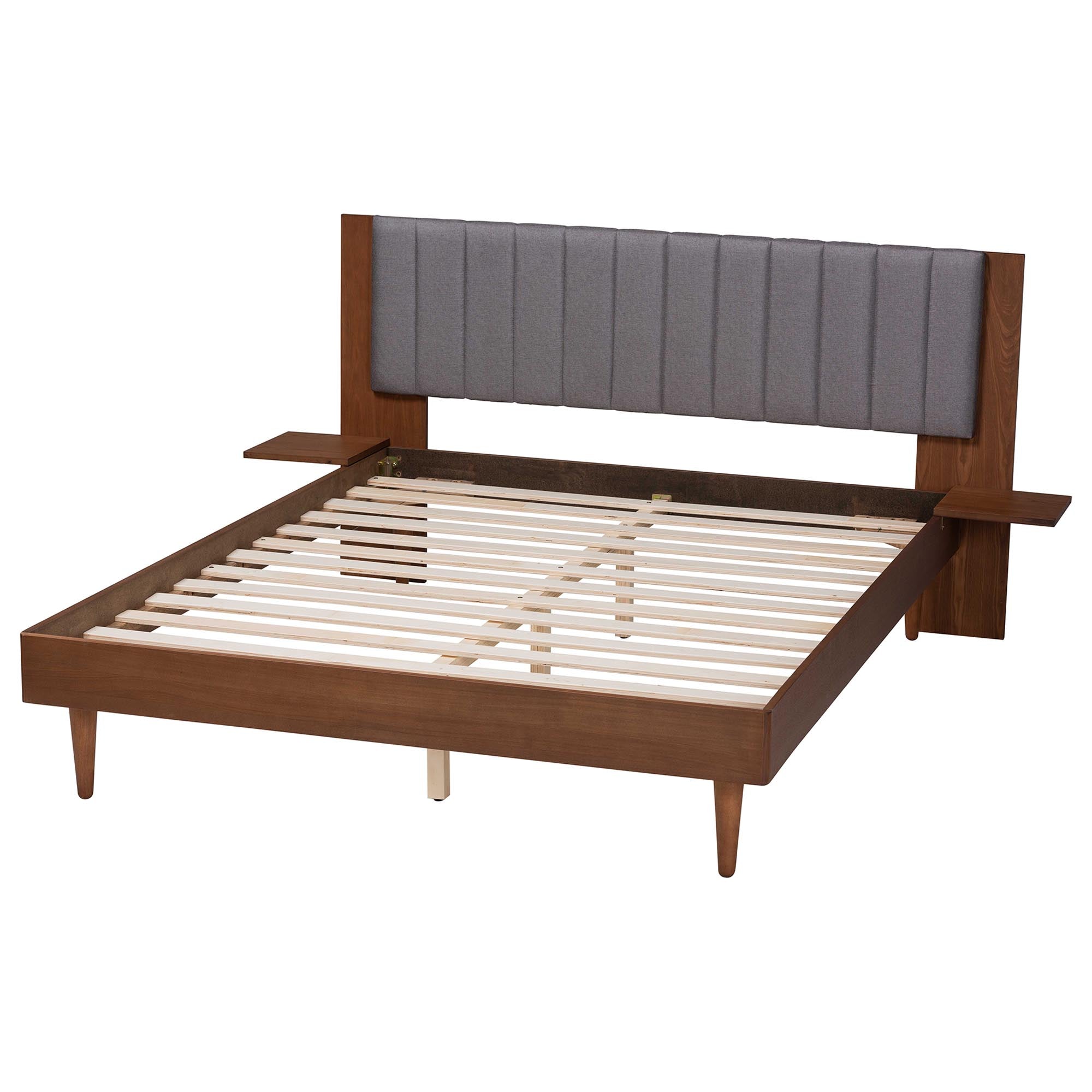 Kalista Transitional Modern Grey Fabric And Walnut Brown Wood Queen Size Bed With Built-In Side Tables