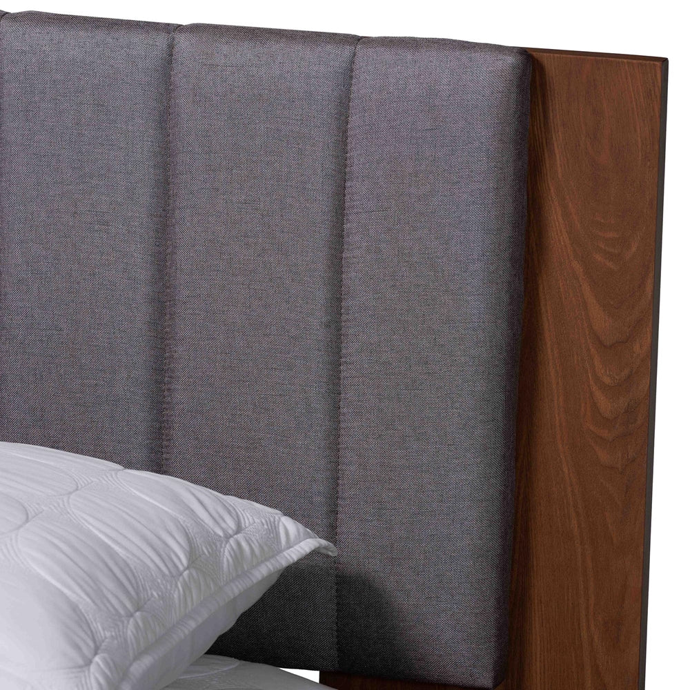 Kalista Transitional Modern Grey Fabric And Walnut Brown Wood Queen Size Bed With Built-In Side Tables