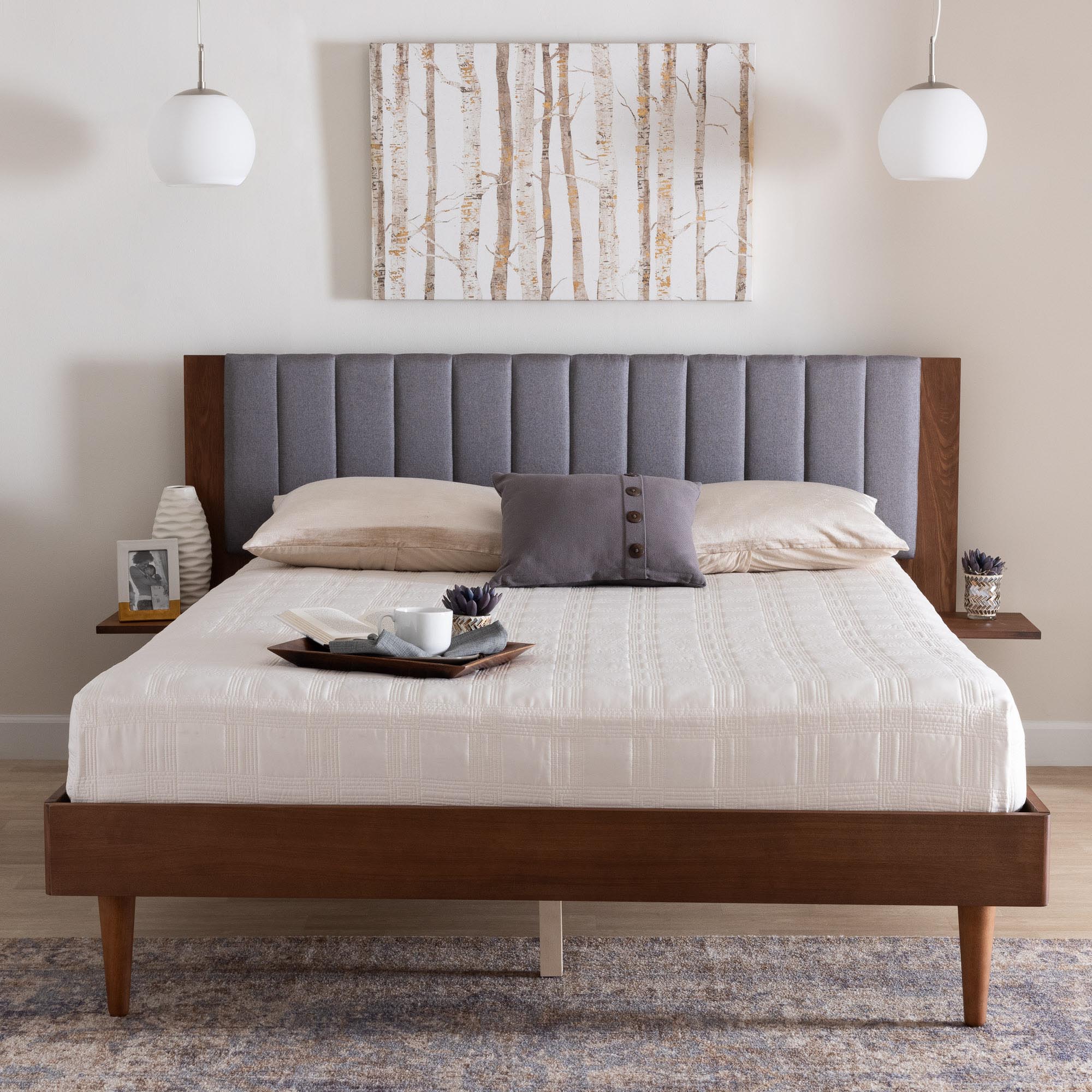 Kalista Transitional Modern Grey Fabric And Walnut Brown Wood Queen Size Bed With Built-In Side Tables