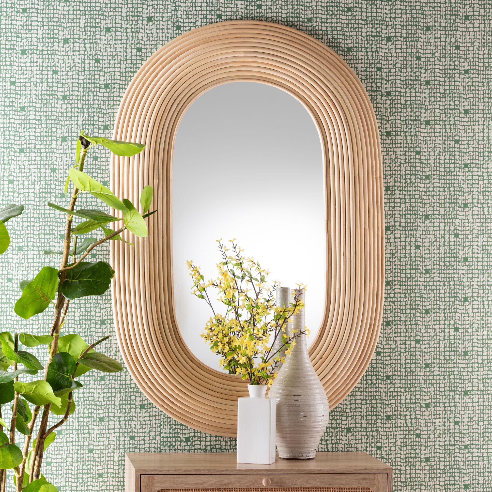 Drucilla Modern Bohemian Natural Brown Rattan Oval Accent Wall Mirror