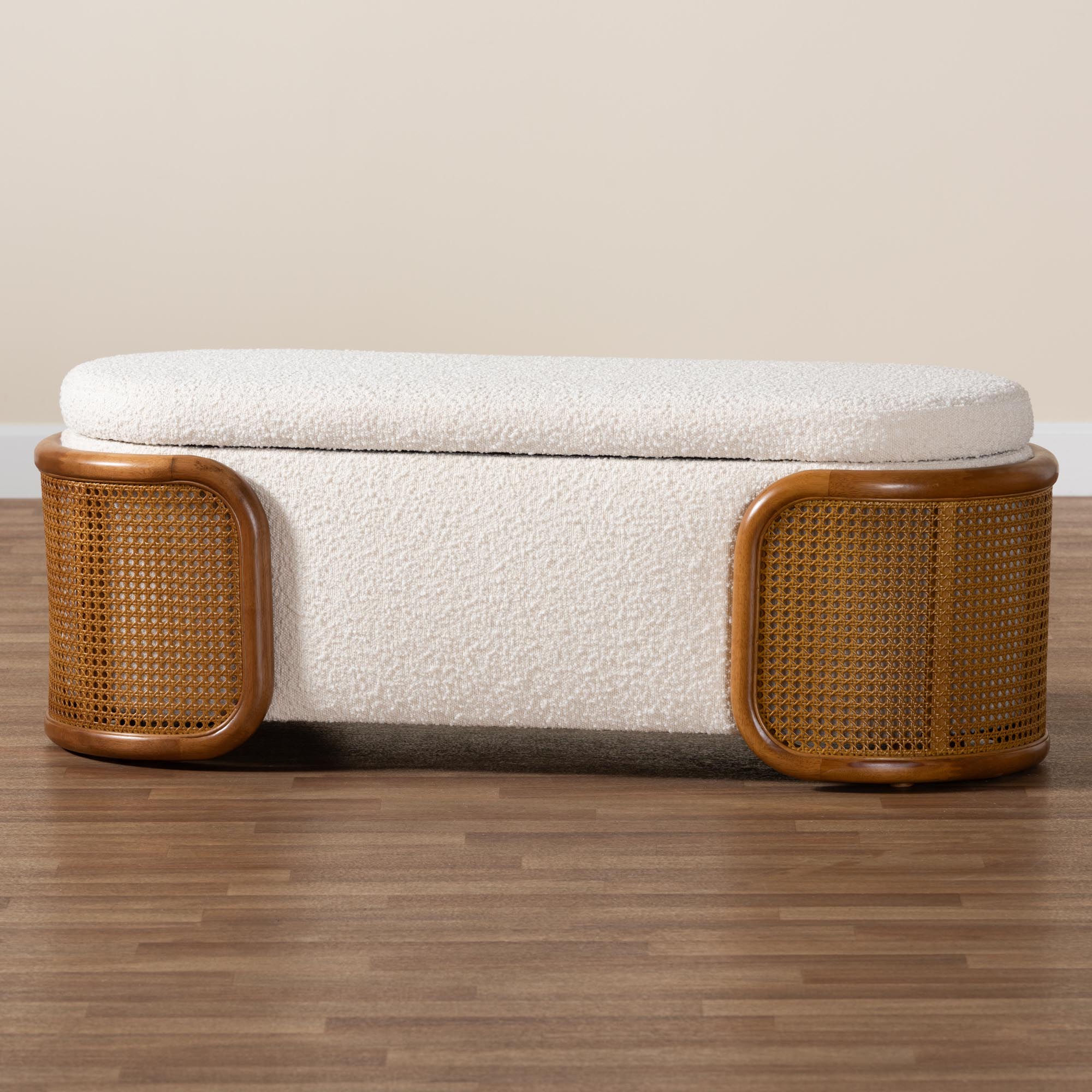Basira Japandi Cream Boucle Fabric Storage Bench with Woven Rattan