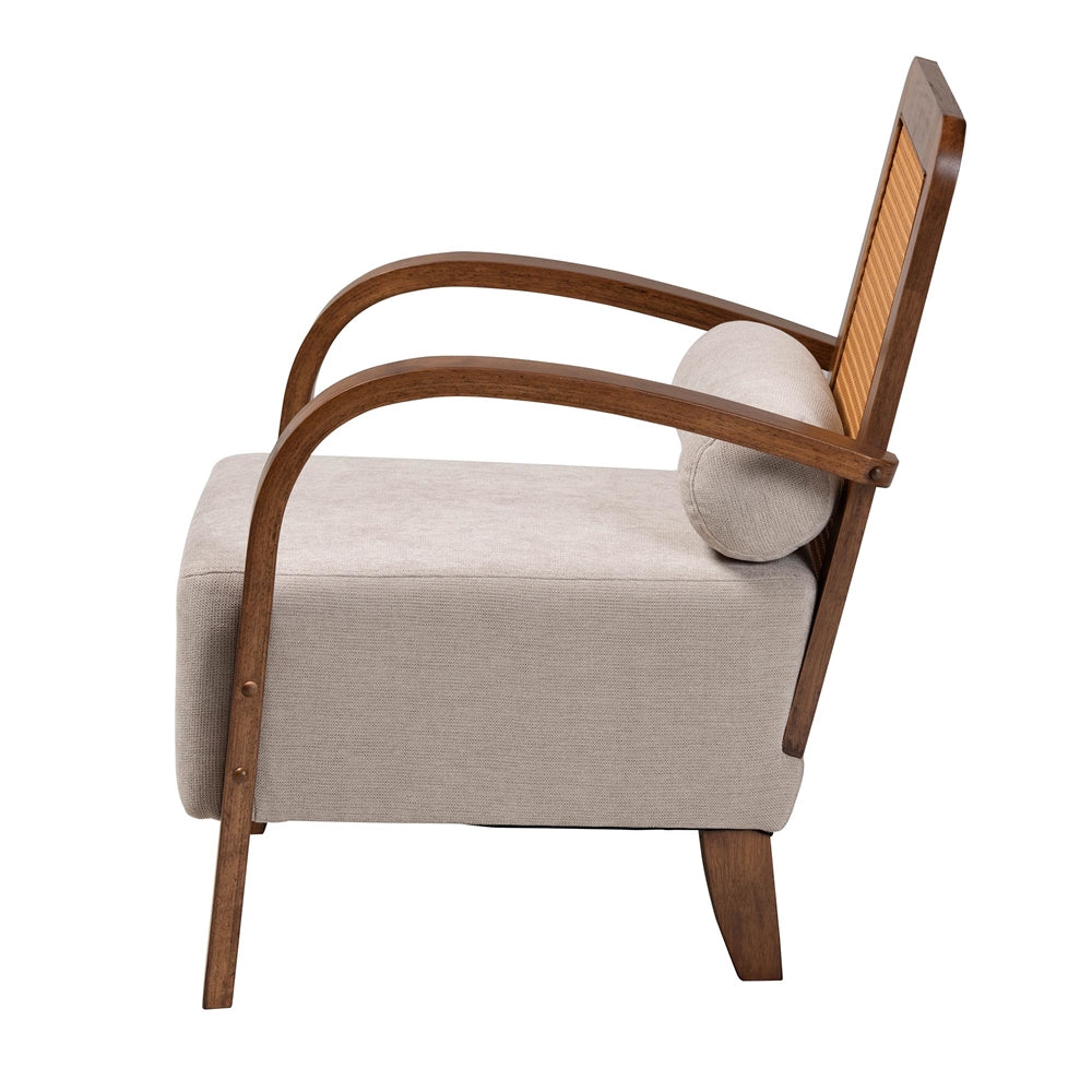 Sage Modern Japandi Light Grey Fabric and Walnut Brown Finished Wood Arm Chair with Woven Rattan