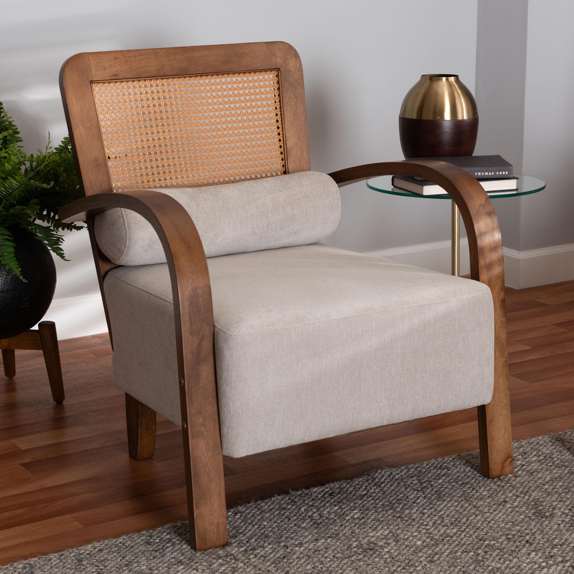 Sage Modern Japandi Light Grey Fabric and Walnut Brown Finished Wood Arm Chair with Woven Rattan
