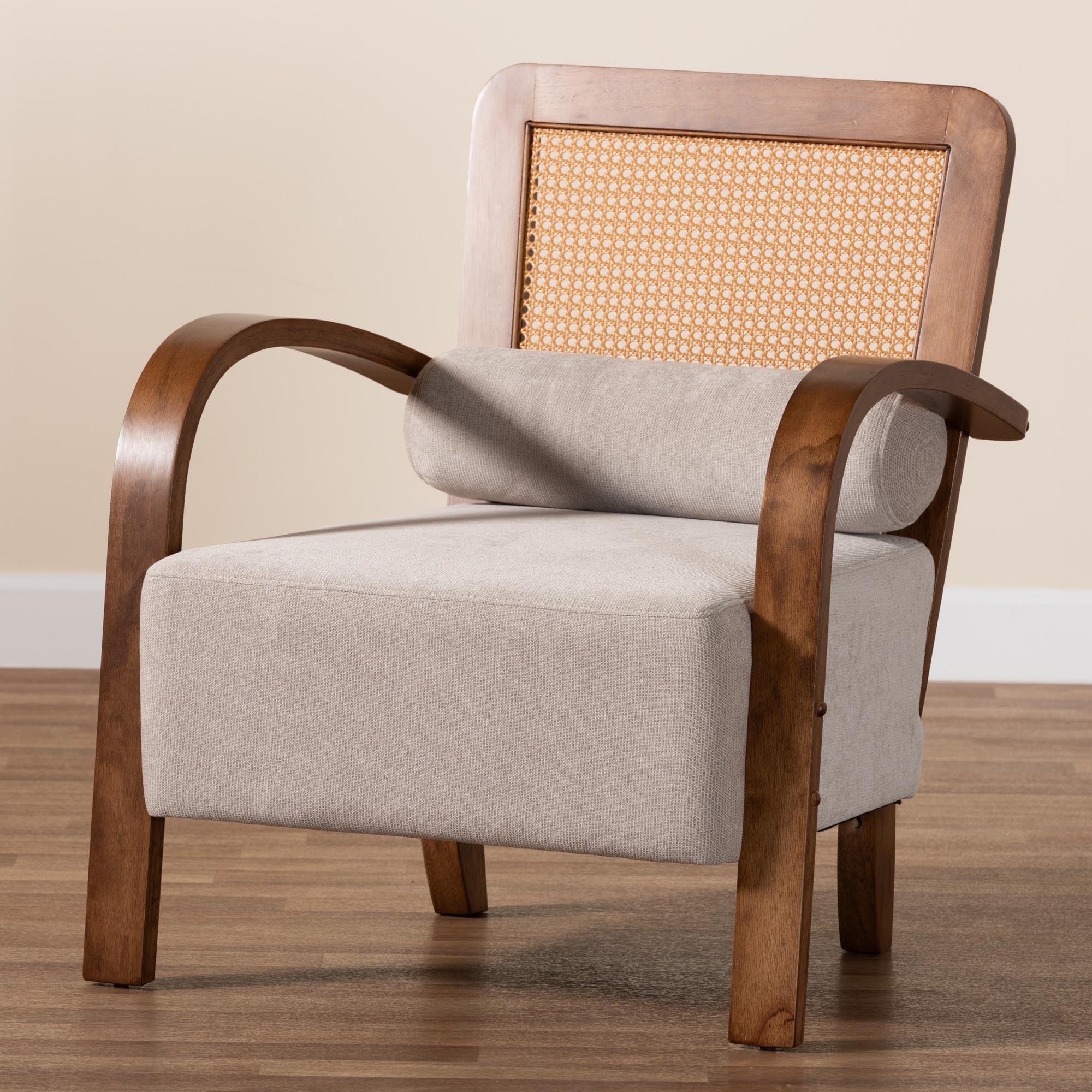 Sage Modern Japandi Light Grey Fabric and Walnut Brown Finished Wood Arm Chair with Woven Rattan