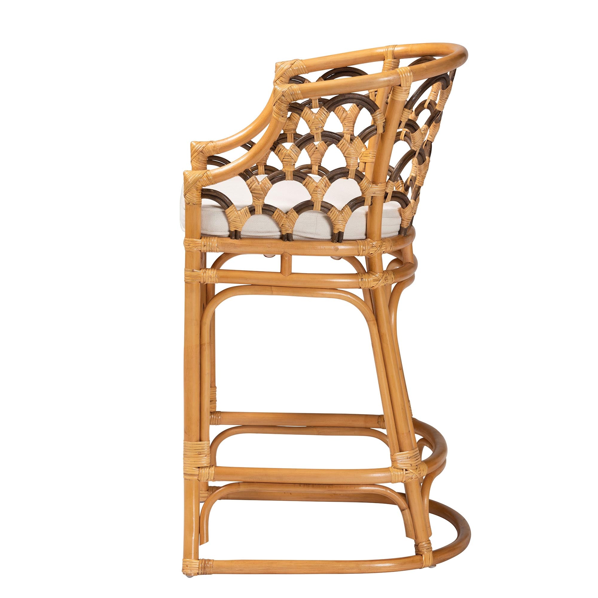Veneto Modern Bohemian Light Honey and Dark Brown Rattan Bar Stool
