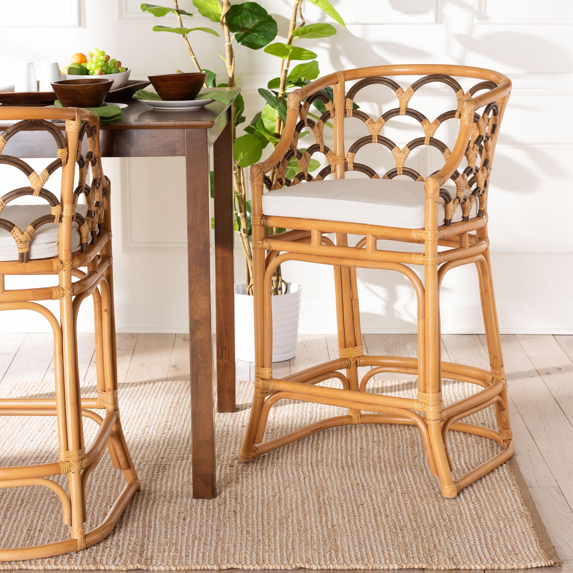 Veneto Modern Bohemian Light Honey and Dark Brown Rattan Bar Stool