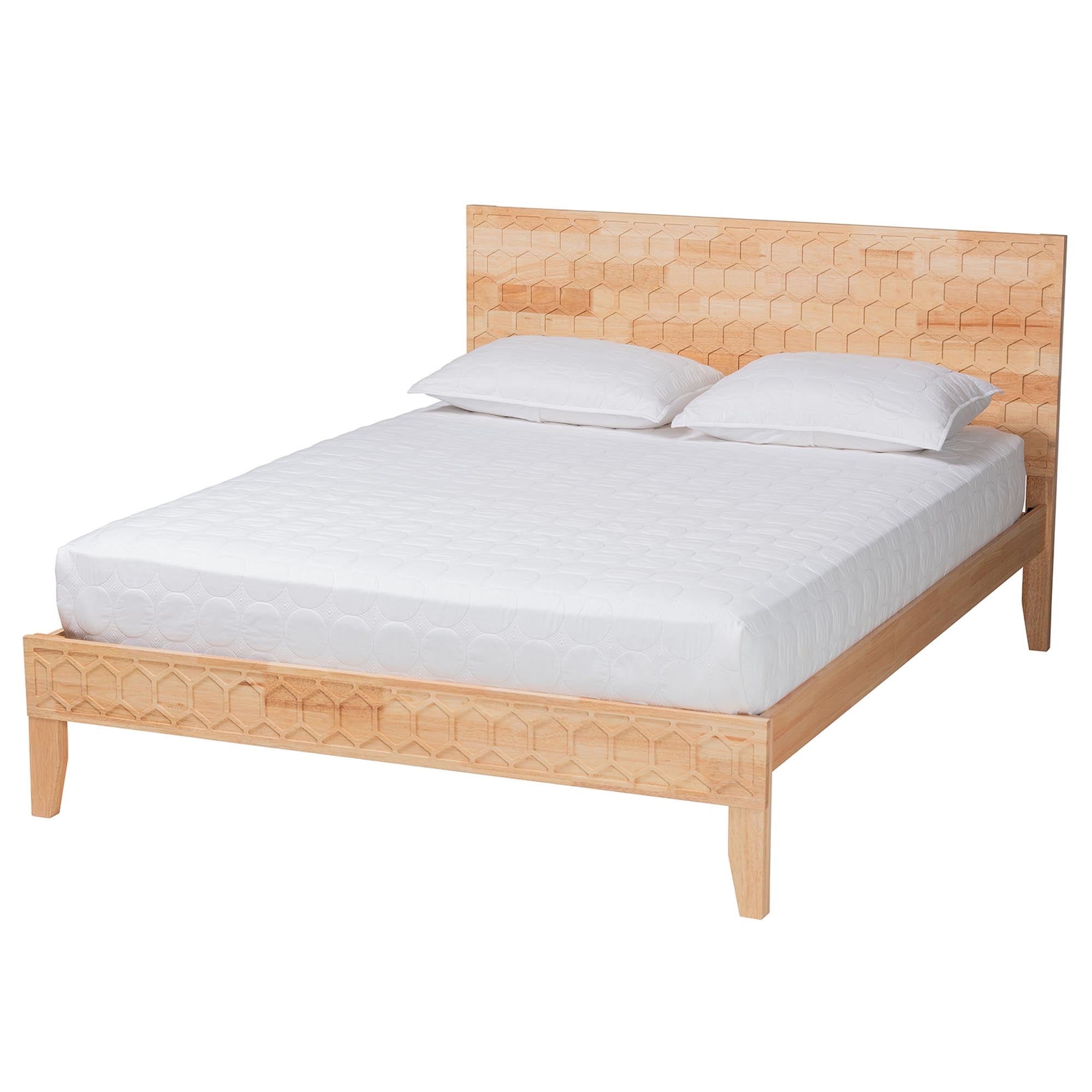 Shepton Queen Rubberwood Platform Bed – Carved Honeycomb Japandi Design