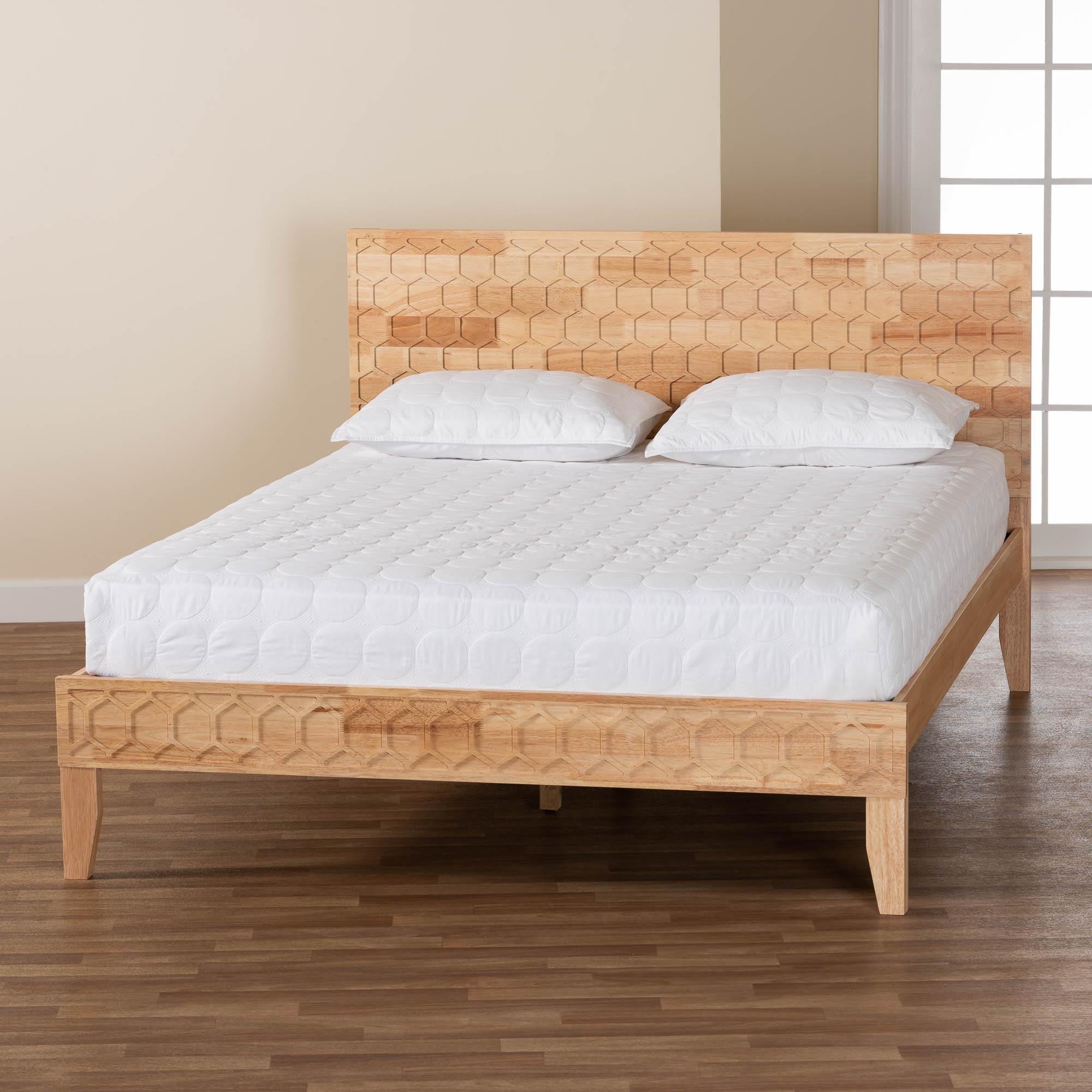 Hosea Japandi Carved Honeycomb Natural King Size Platform Bed