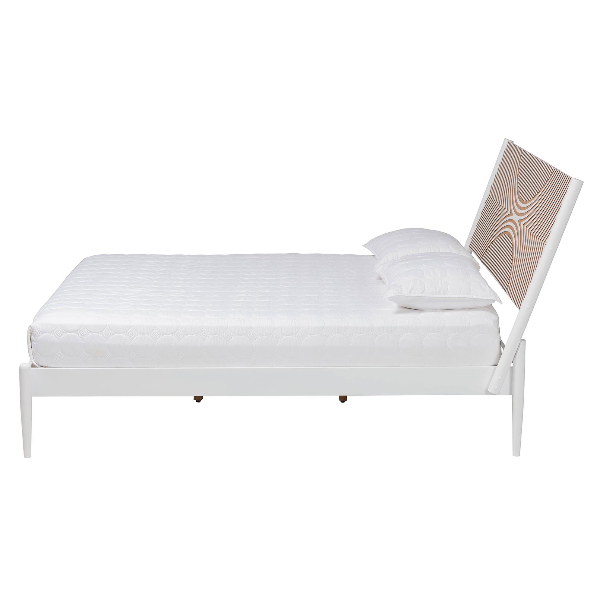 Enrique Queen Rubberwood Platform Bed  Coastal White with Carved Geometric Headboard