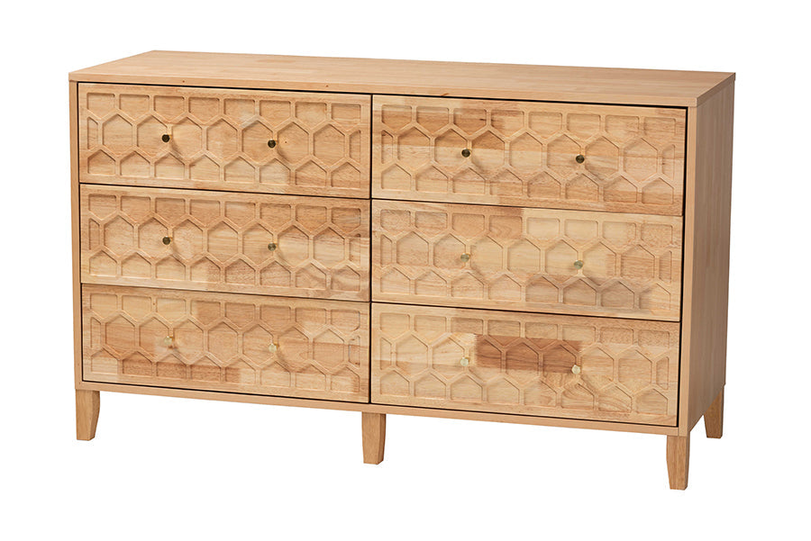 Hosea Japandi Carved Honeycomb Natural 6-Drawer Dresser