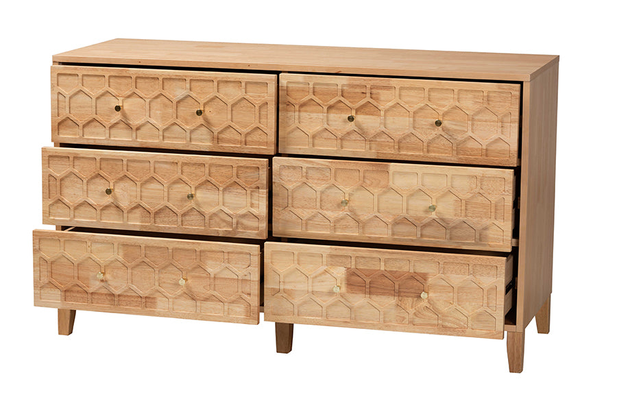 Hosea Japandi Carved Honeycomb Natural 6-Drawer Dresser
