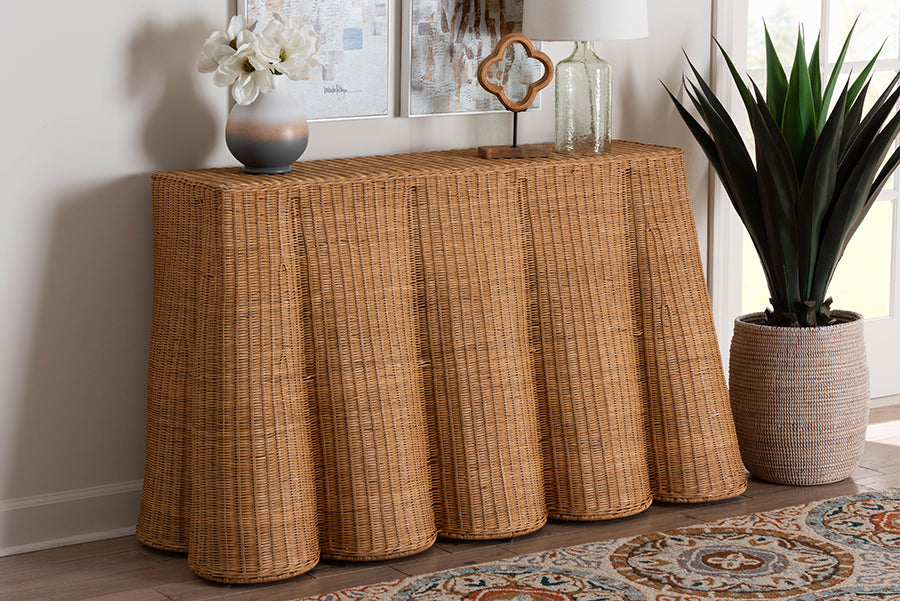 Palm Bohemian Honey Scallop Rattan Console Table