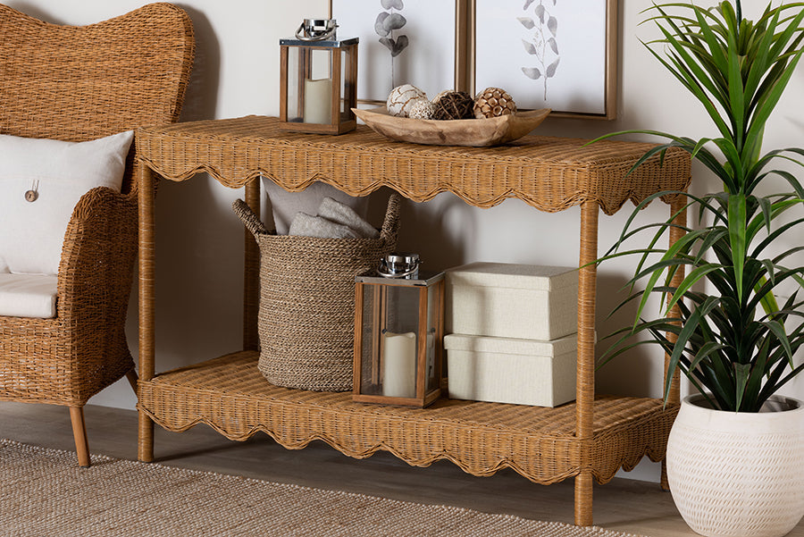Oteria Bohemian Light Honey Scalloped Rattan Console Table