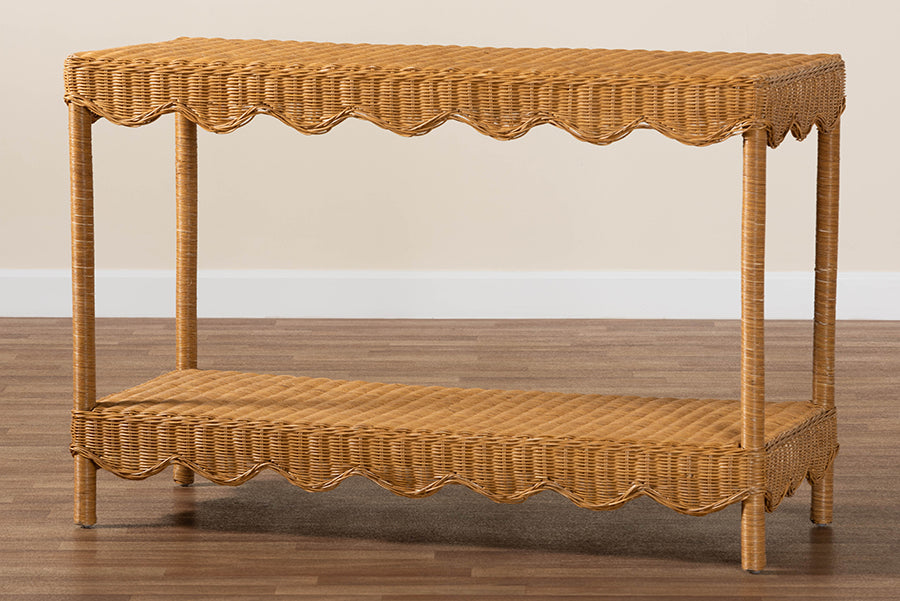 Oteria Bohemian Light Honey Scalloped Rattan Console Table