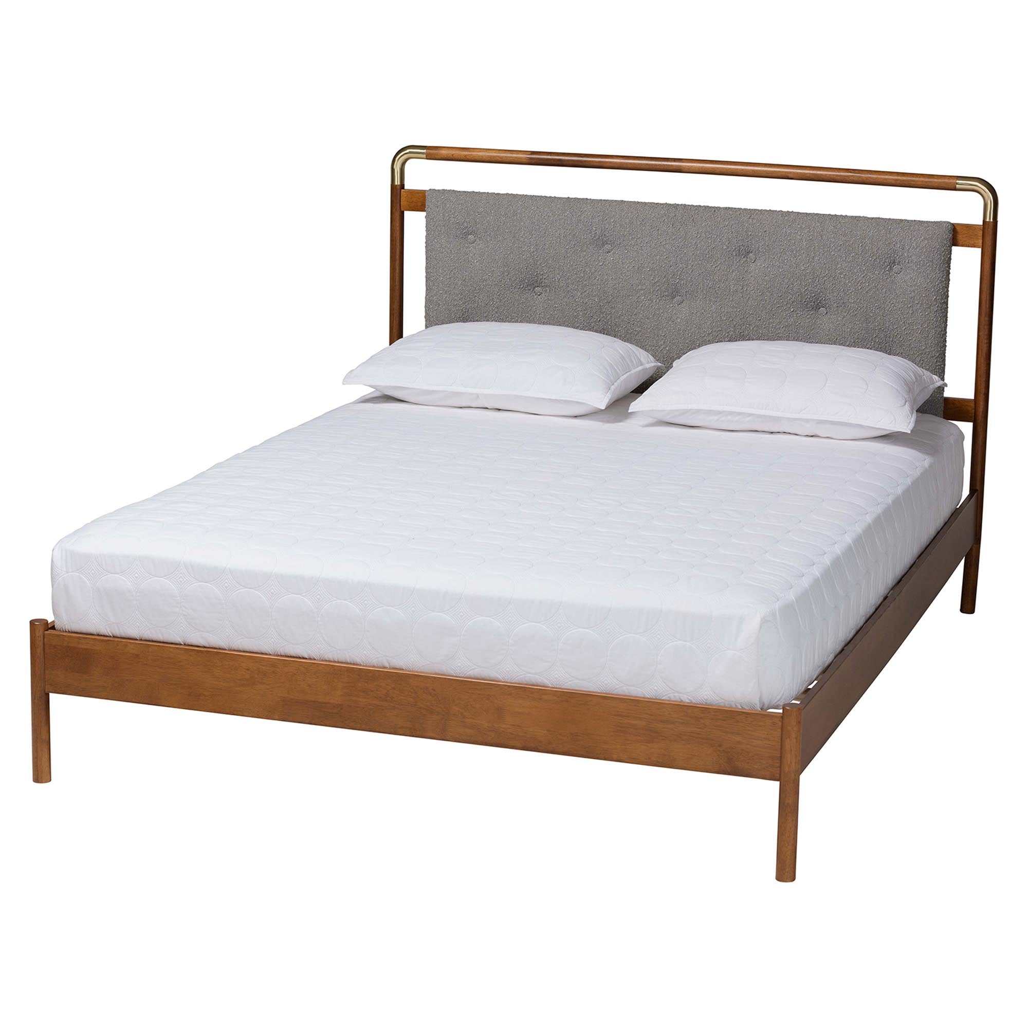 Edwina Mid-Century Light Grey Boucle Fabric And Walnut Brown Wood Queen Size Platform Bed