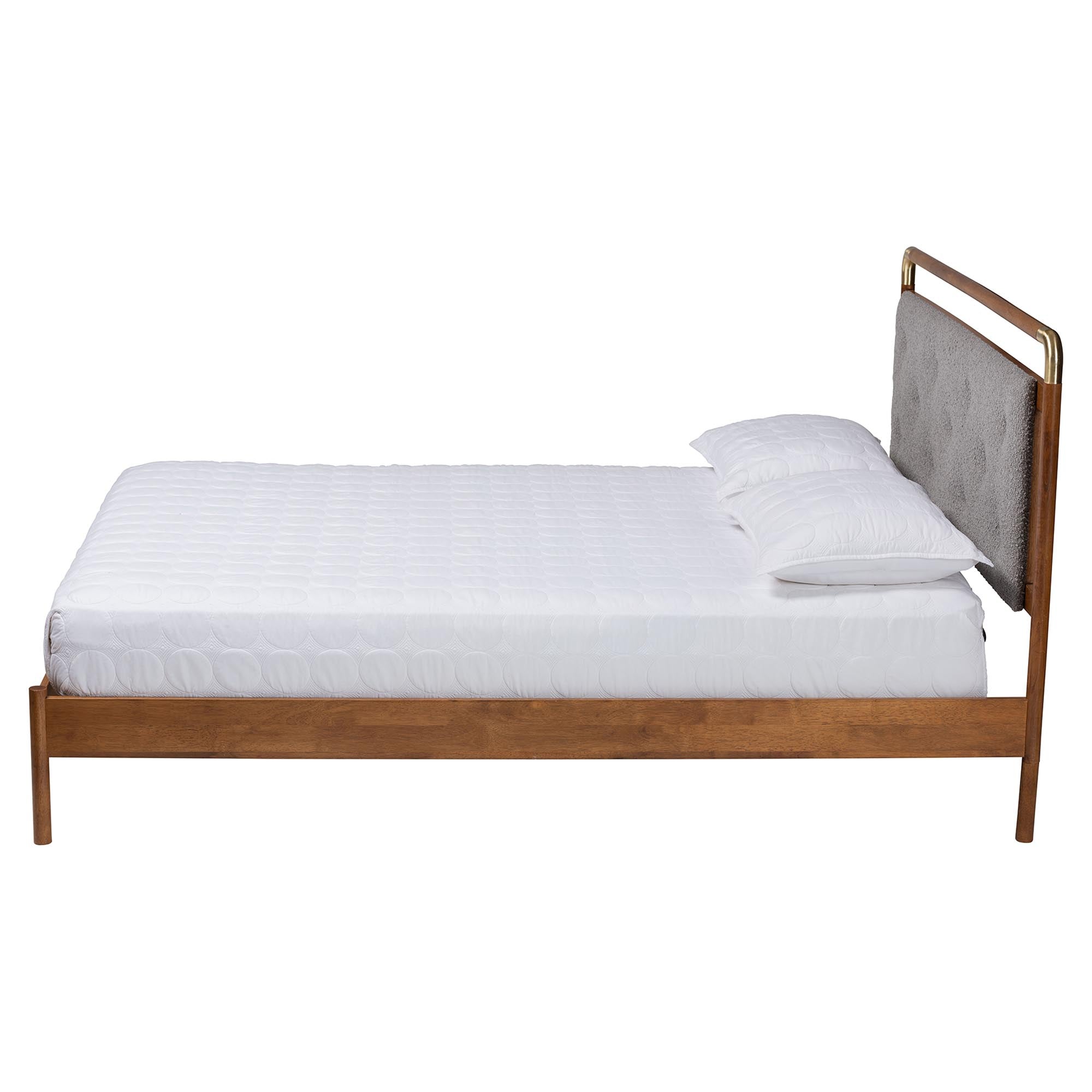 Edwina Mid-Century Light Grey Boucle Fabric And Walnut Brown Wood Queen Size Platform Bed