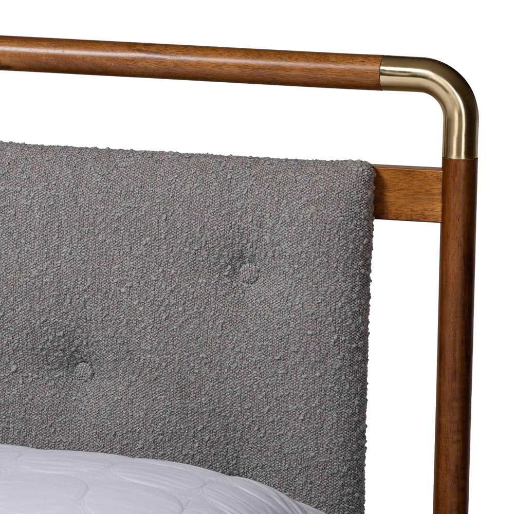 Edwina Mid-Century Light Grey Boucle Fabric And Walnut Brown Wood Queen Size Platform Bed