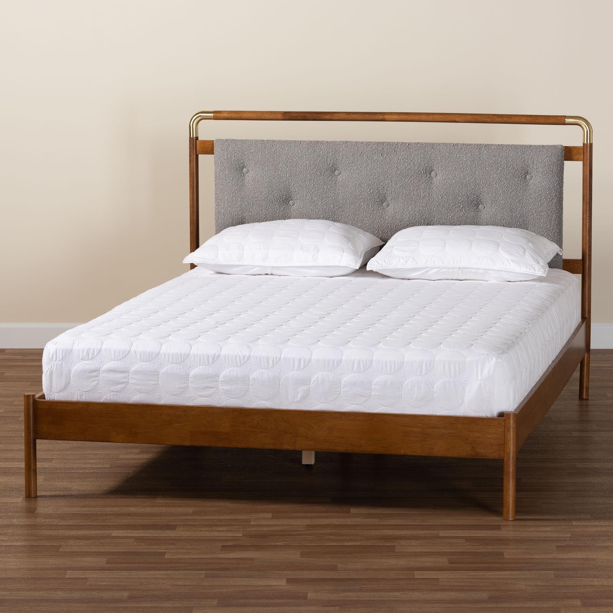 Edwina Mid-Century Light Grey Boucle Fabric And Walnut Brown Wood Queen Size Platform Bed