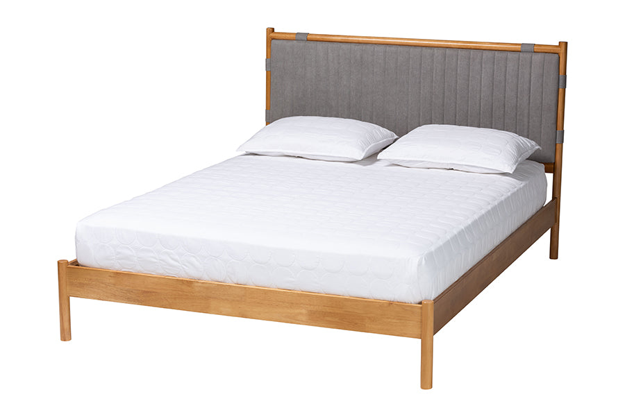 Jaiana Mid-Century Grey Fabric and Oak Brown Wood Queen Size Bed