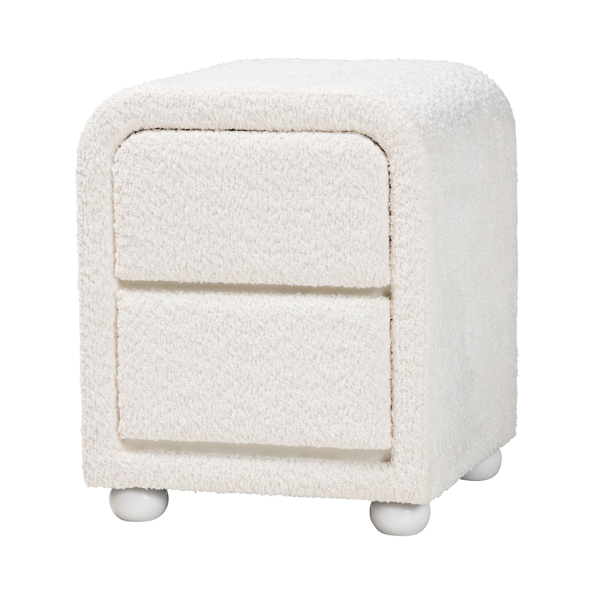Bonilla Modern White Teddy-Bear Fabric and Rubberwood 2-Drawer Nightstand