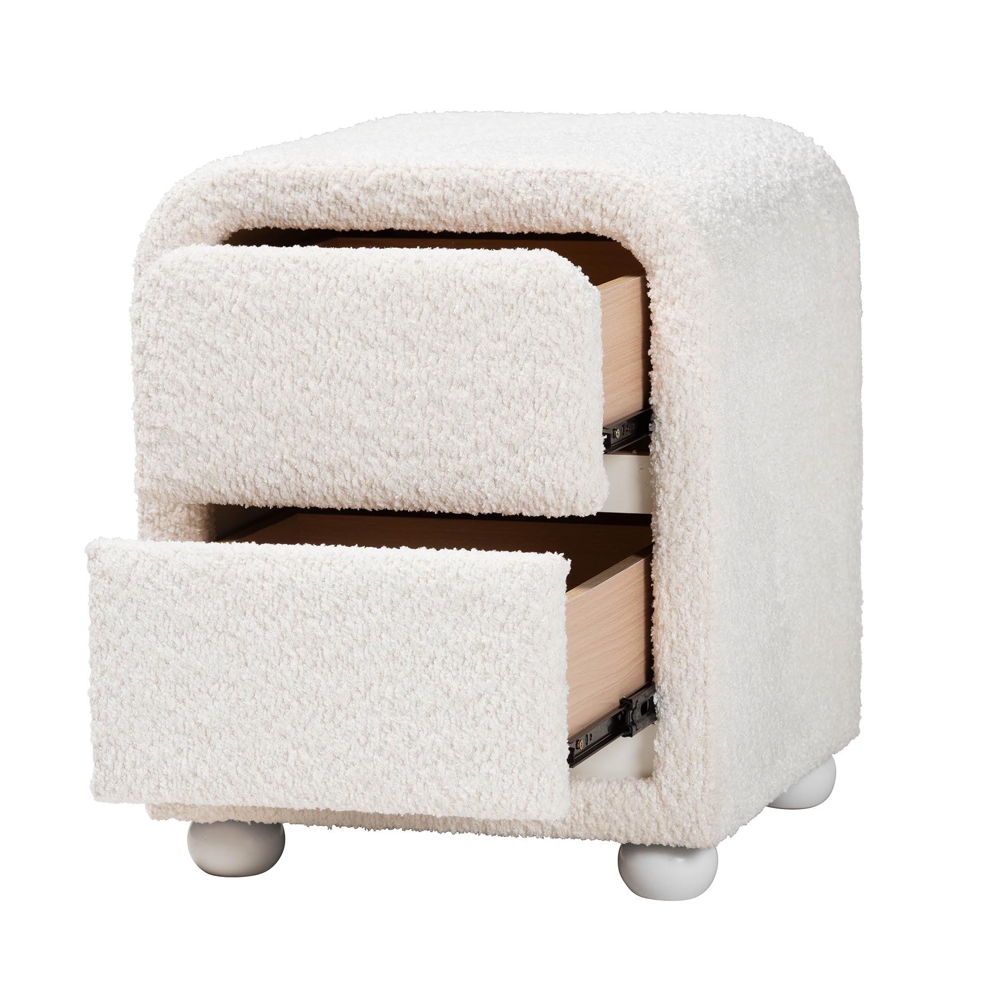 Bonilla Modern White Teddy-Bear Fabric and Rubberwood 2-Drawer Nightstand