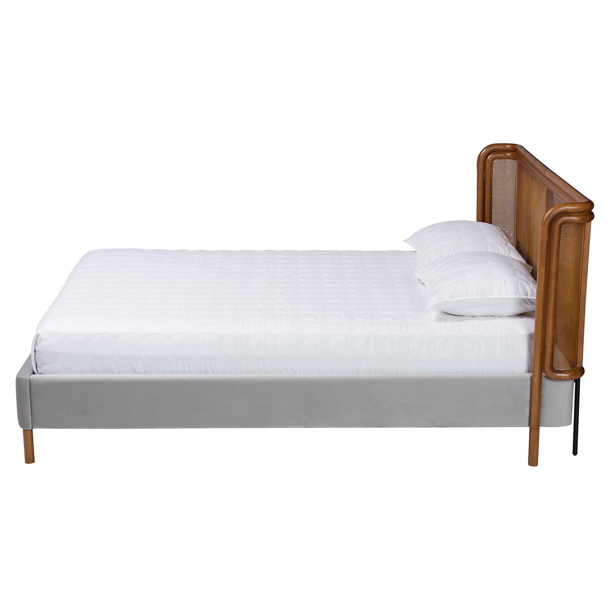 Harrell Mid-Century Modern Grey Velvet and Woven Rattan Wood Queen Size Bed