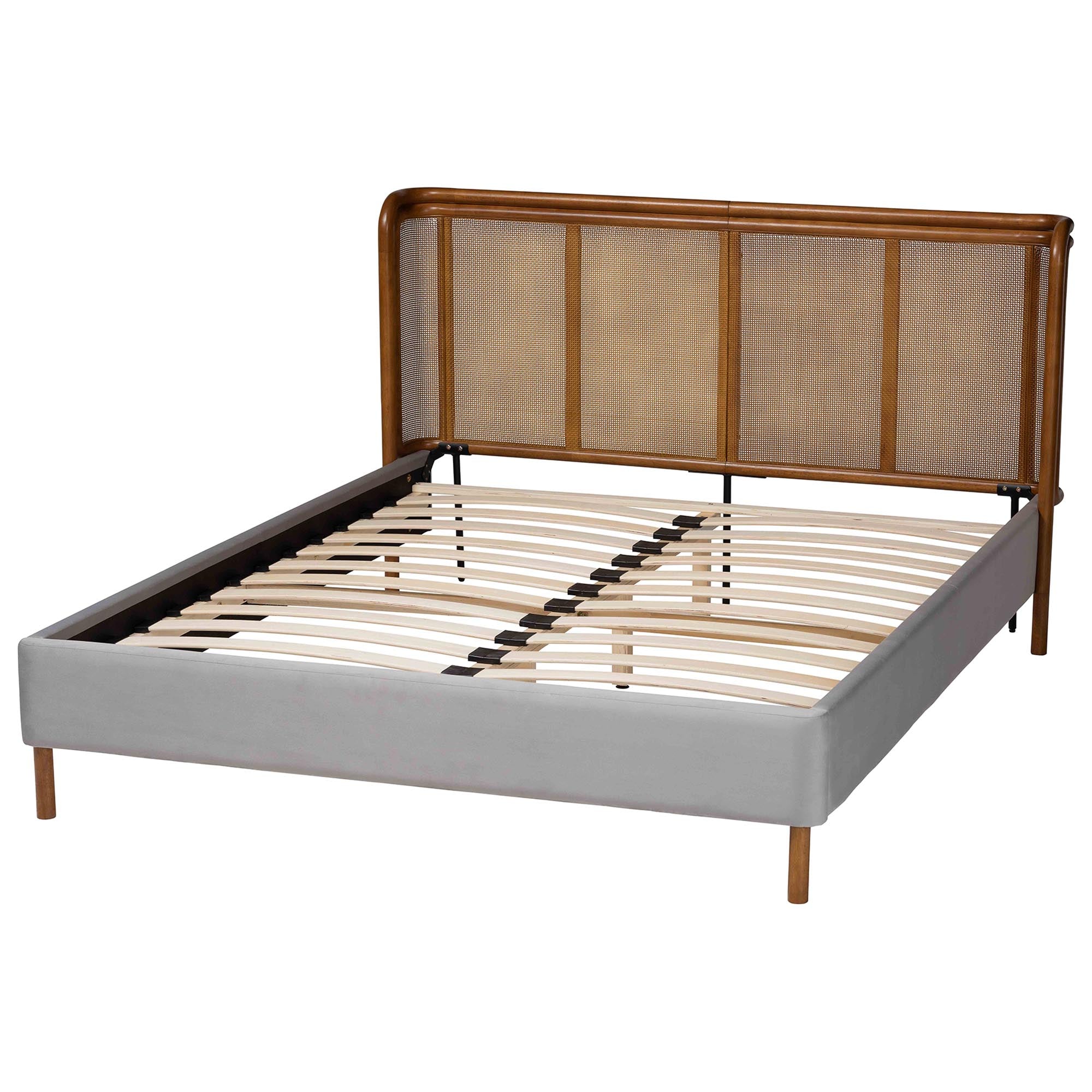 Harrell Mid-Century Modern Grey Velvet and Woven Rattan Wood Queen Size Bed