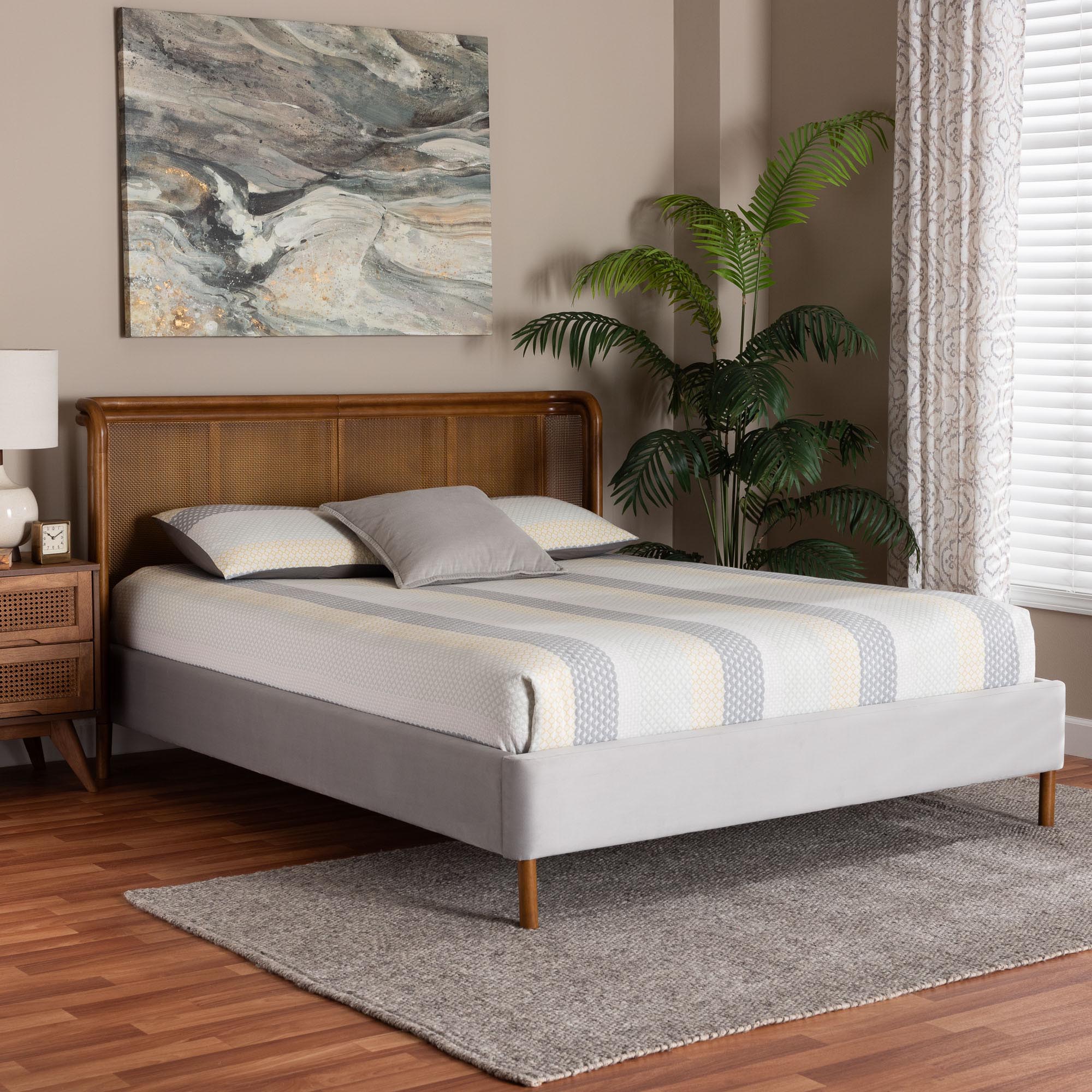 Harrell Mid-Century Modern Grey Velvet and Woven Rattan Wood Queen Size Bed
