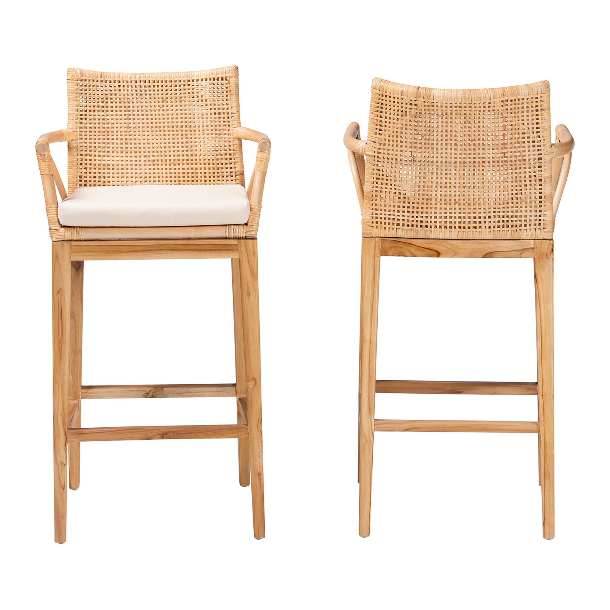 Storsel Bohemian Natural Rattan and Teak Wood 2-Piece Bar Stool Set
