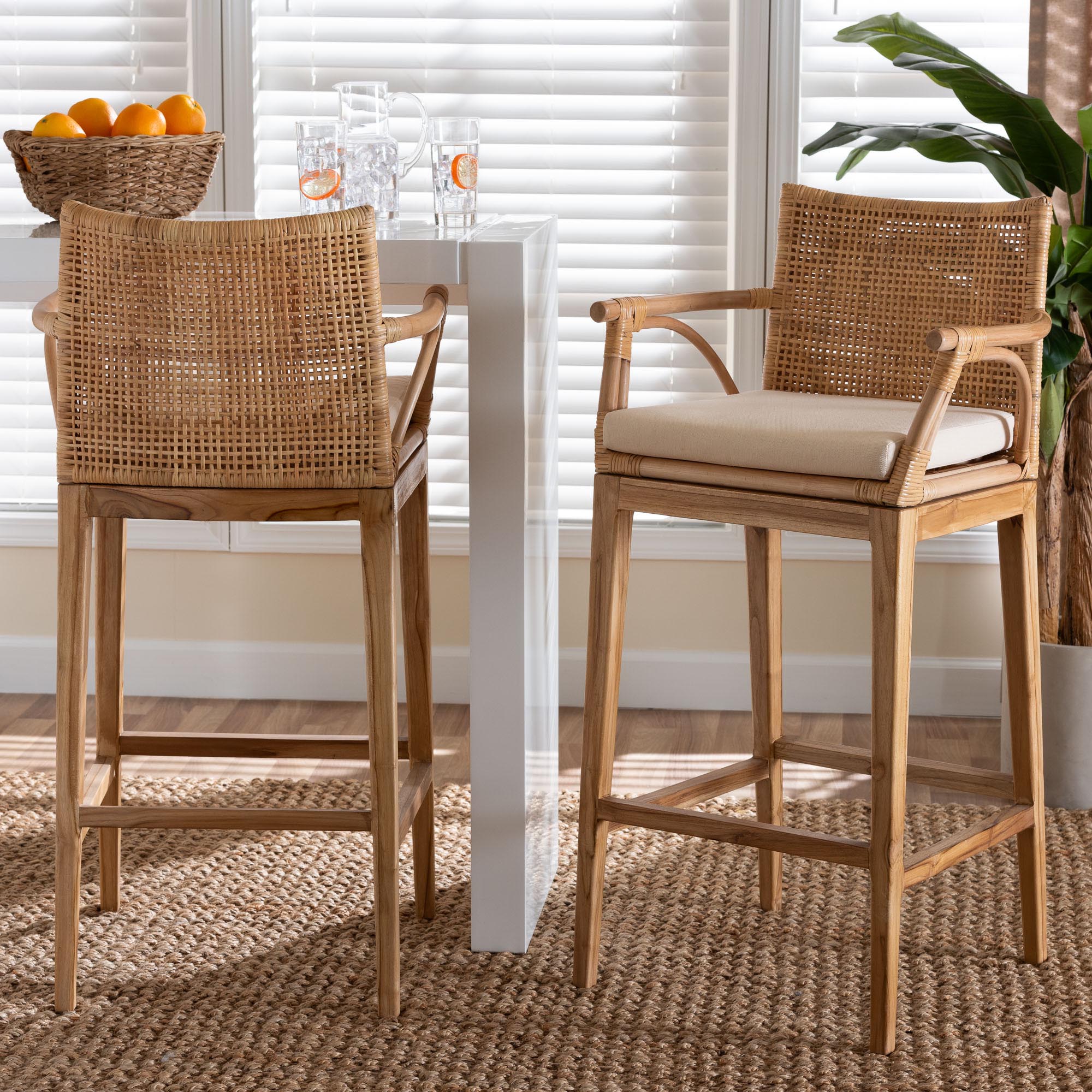 Storsel Bohemian Natural Rattan and Teak Wood 2-Piece Bar Stool Set