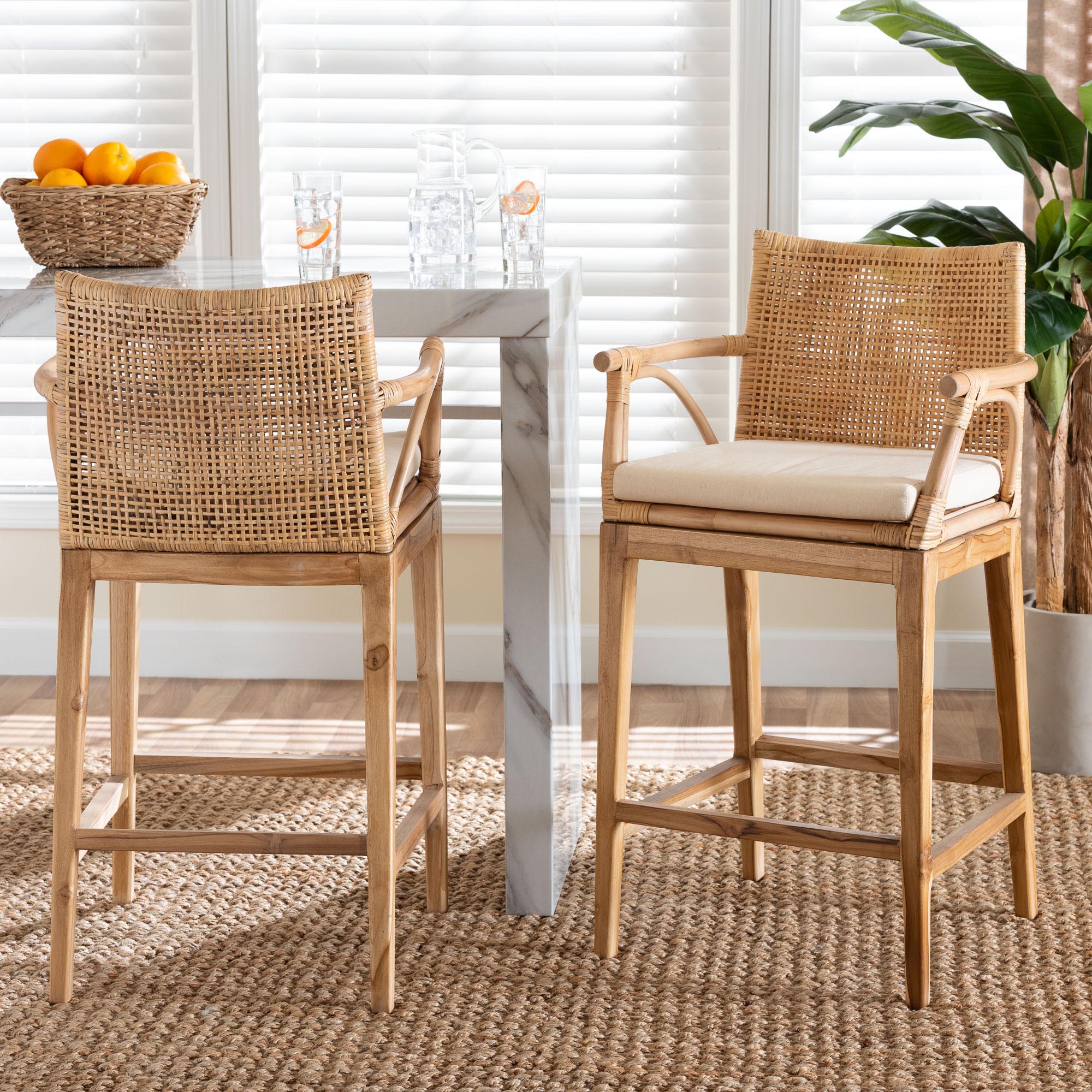 Storsel Bohemian Natural Rattan and Teak Wood 2-Piece Counter Stool Set