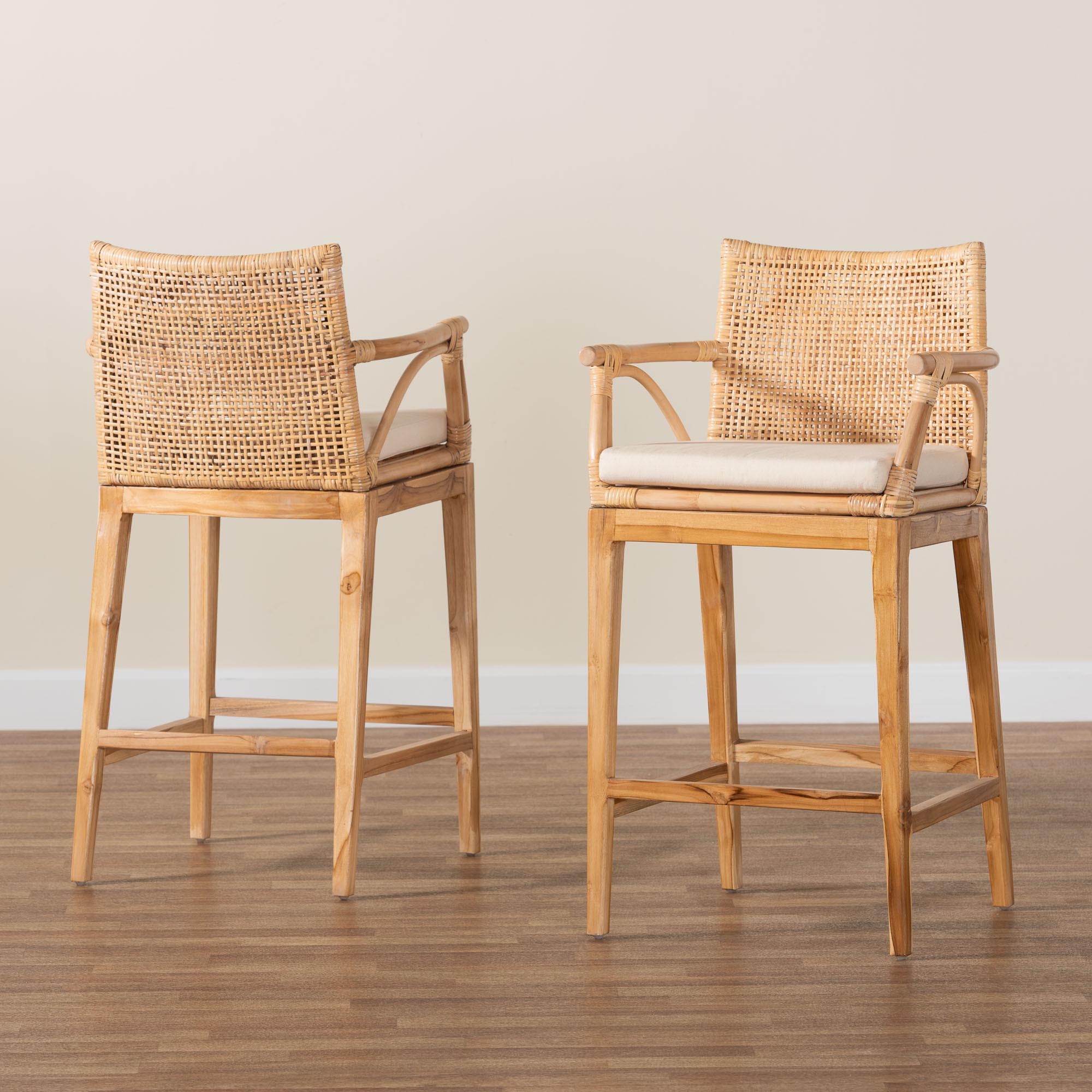 Storsel Bohemian Natural Rattan and Teak Wood 2-Piece Counter Stool Set