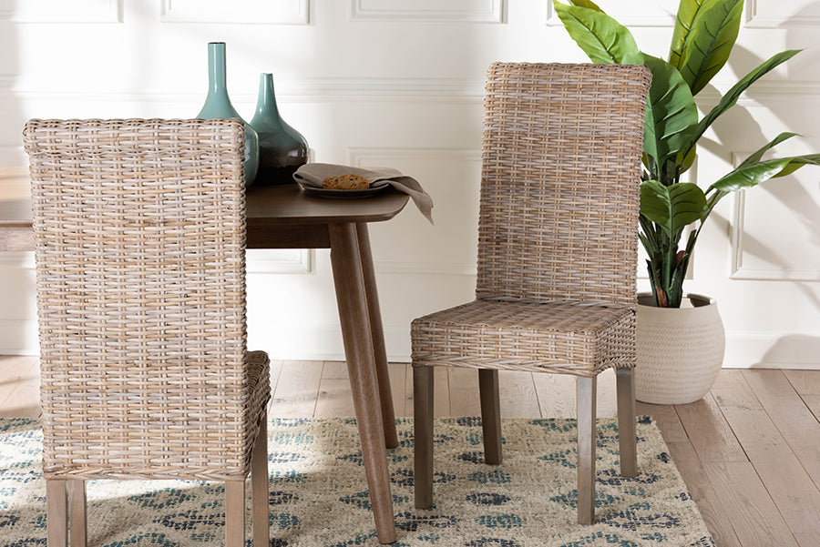 Santiago Bohemian Grey Natural Kubu Rattan and Mango Wood Dining Chair