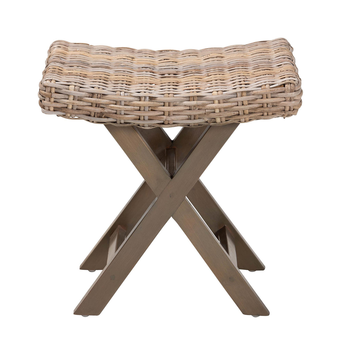 Hayate Bohemian Grey Kubu Rattan and Mahogany Wood Ottoman Footstool