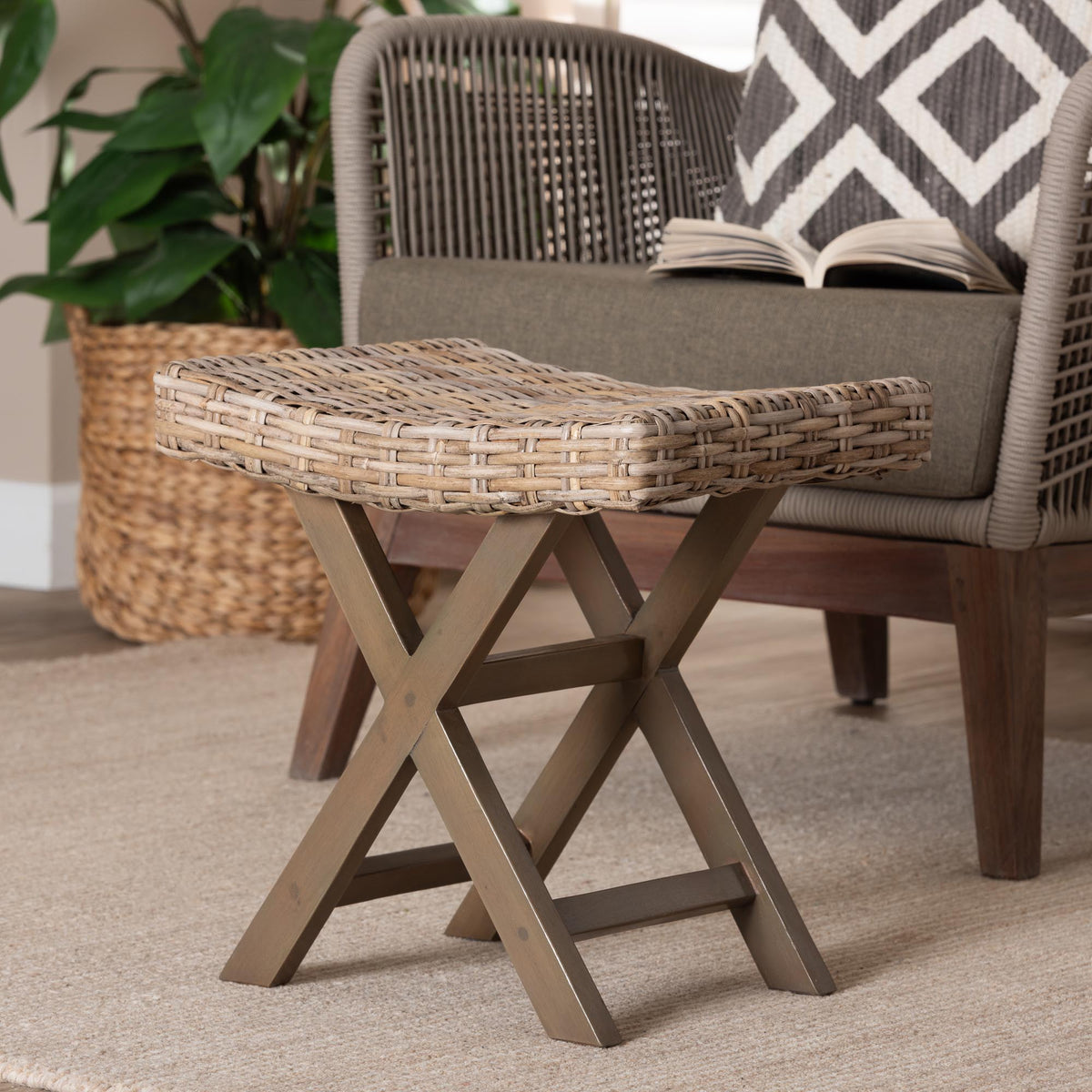 Hayate Bohemian Grey Kubu Rattan and Mahogany Wood Ottoman Footstool