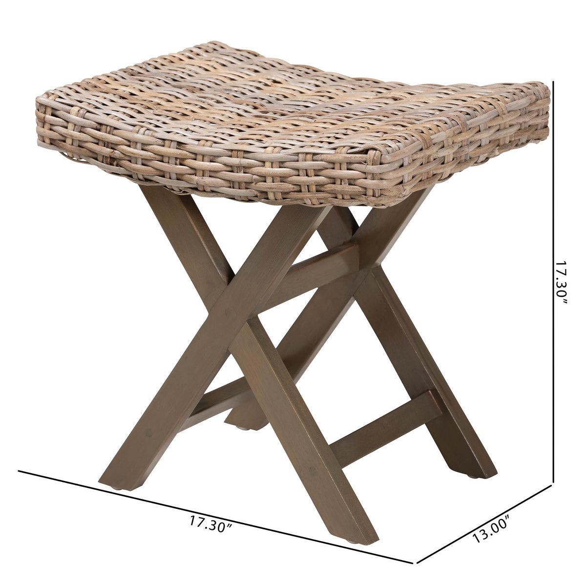 Hayate Bohemian Grey Kubu Rattan and Mahogany Wood Ottoman Footstool