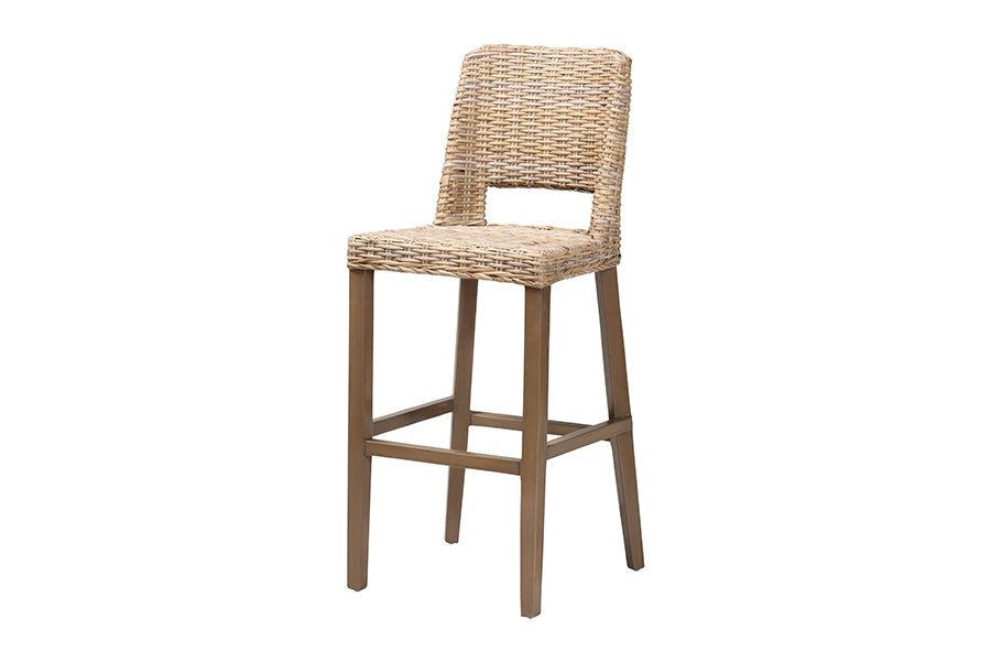 Magy Modern Bohemian Grey Kubu Rattan and Mahogany Wood Bar Stool