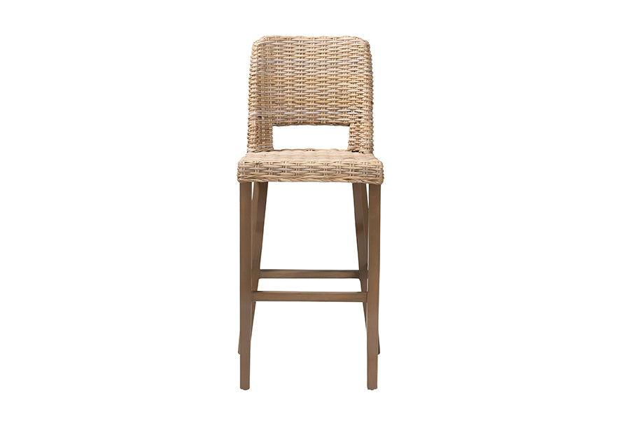 Magy Modern Bohemian Grey Kubu Rattan and Mahogany Wood Bar Stool
