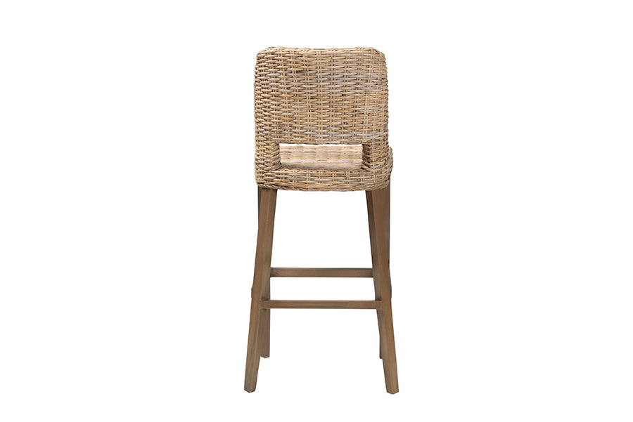 Magy Modern Bohemian Grey Kubu Rattan and Mahogany Wood Bar Stool