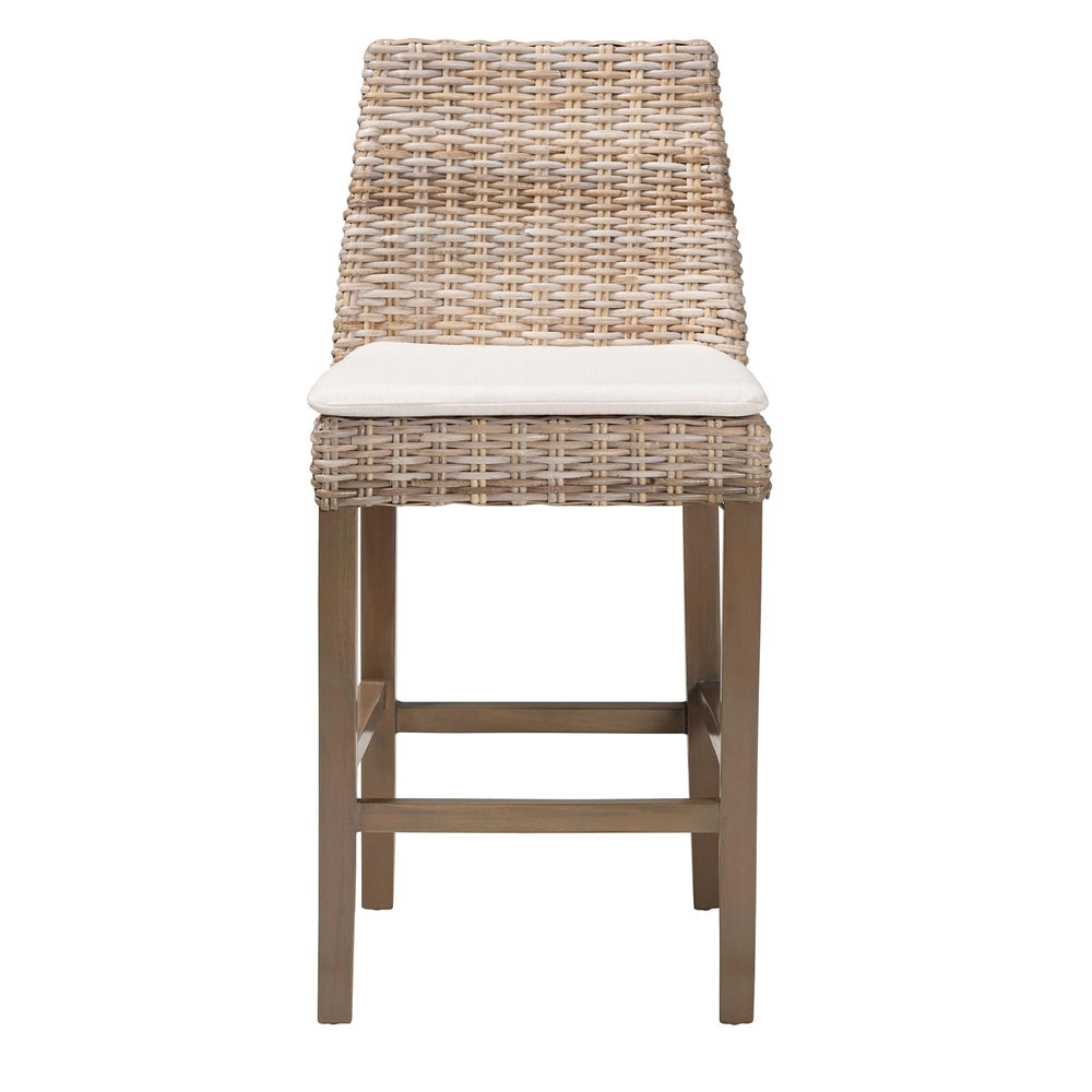 Toby Modern Bohemian Grey Kubu Rattan and Rustic Taupe Finished Mahogany Wood Counter Stool