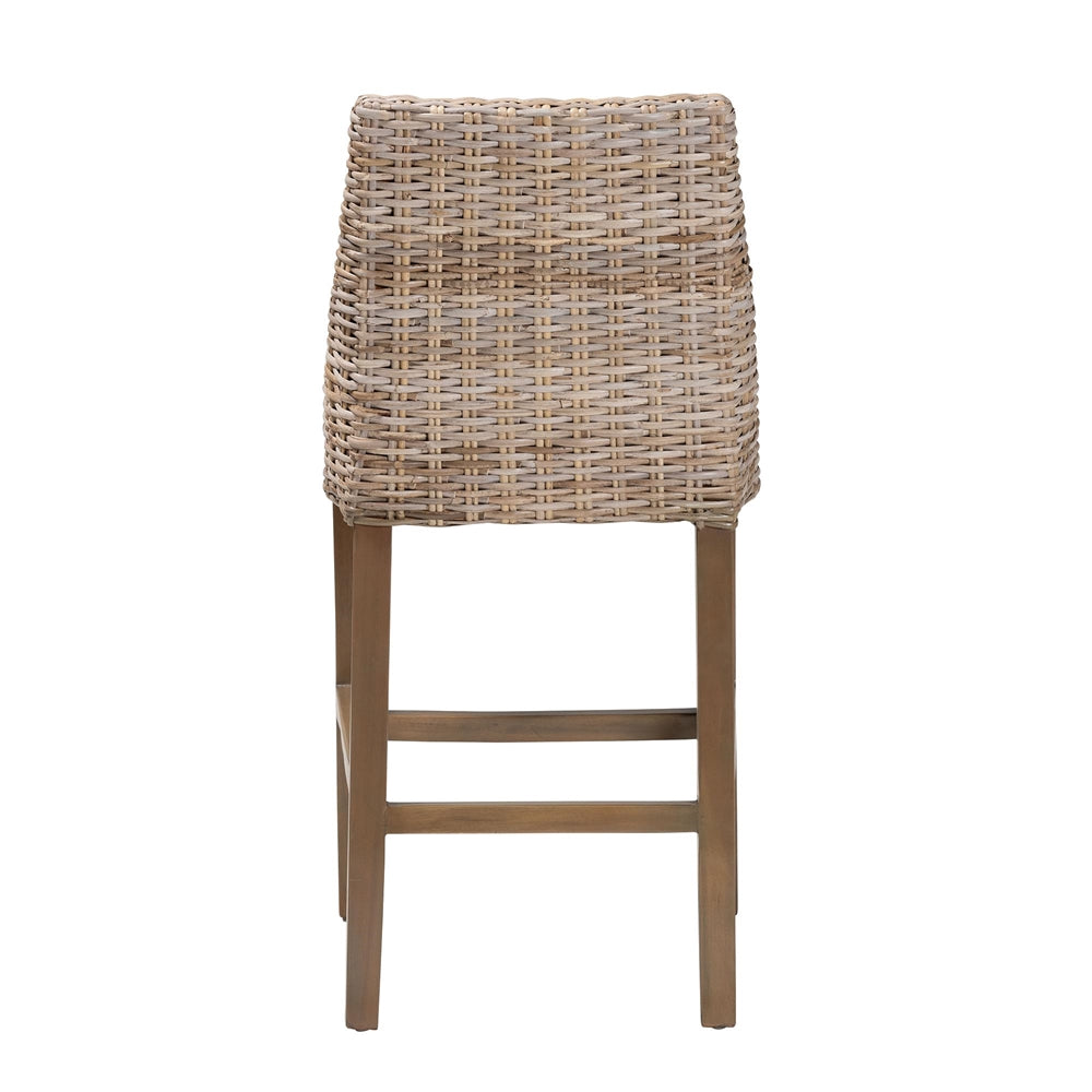 Toby Modern Bohemian Grey Kubu Rattan and Rustic Taupe Finished Mahogany Wood Counter Stool