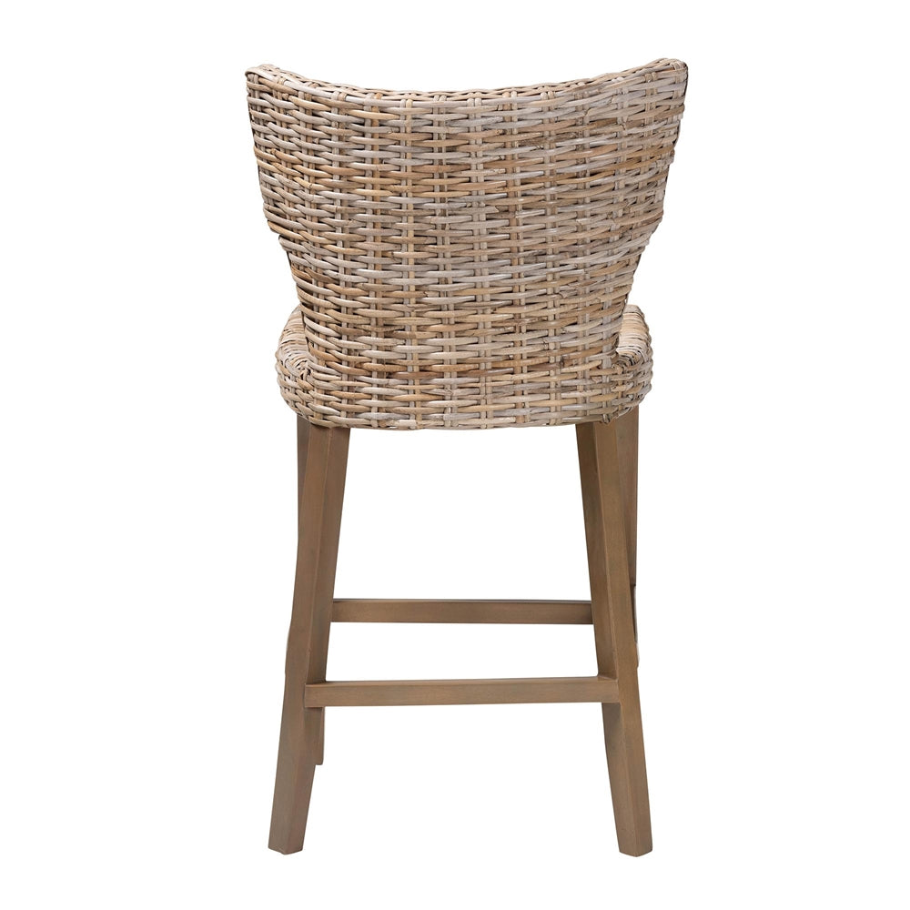 Enver Modern Bohemian Grey Kubu Rattan and Mahogany Wood Counter Stool