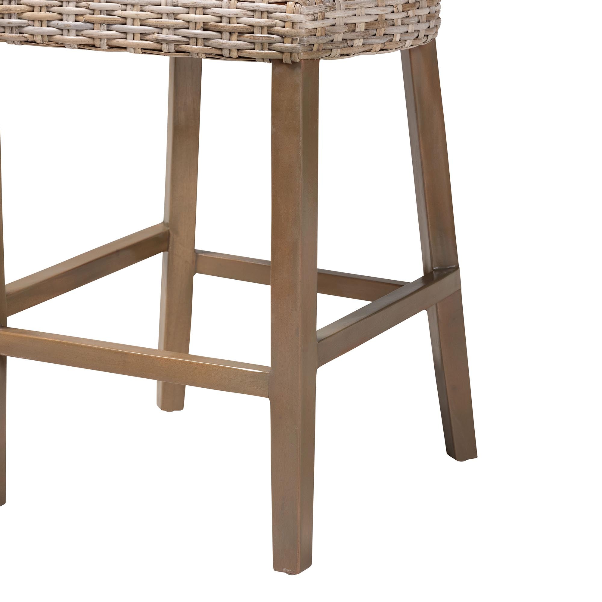 Enver Modern Bohemian Grey Kubu Rattan and Mahogany Wood Counter Stool