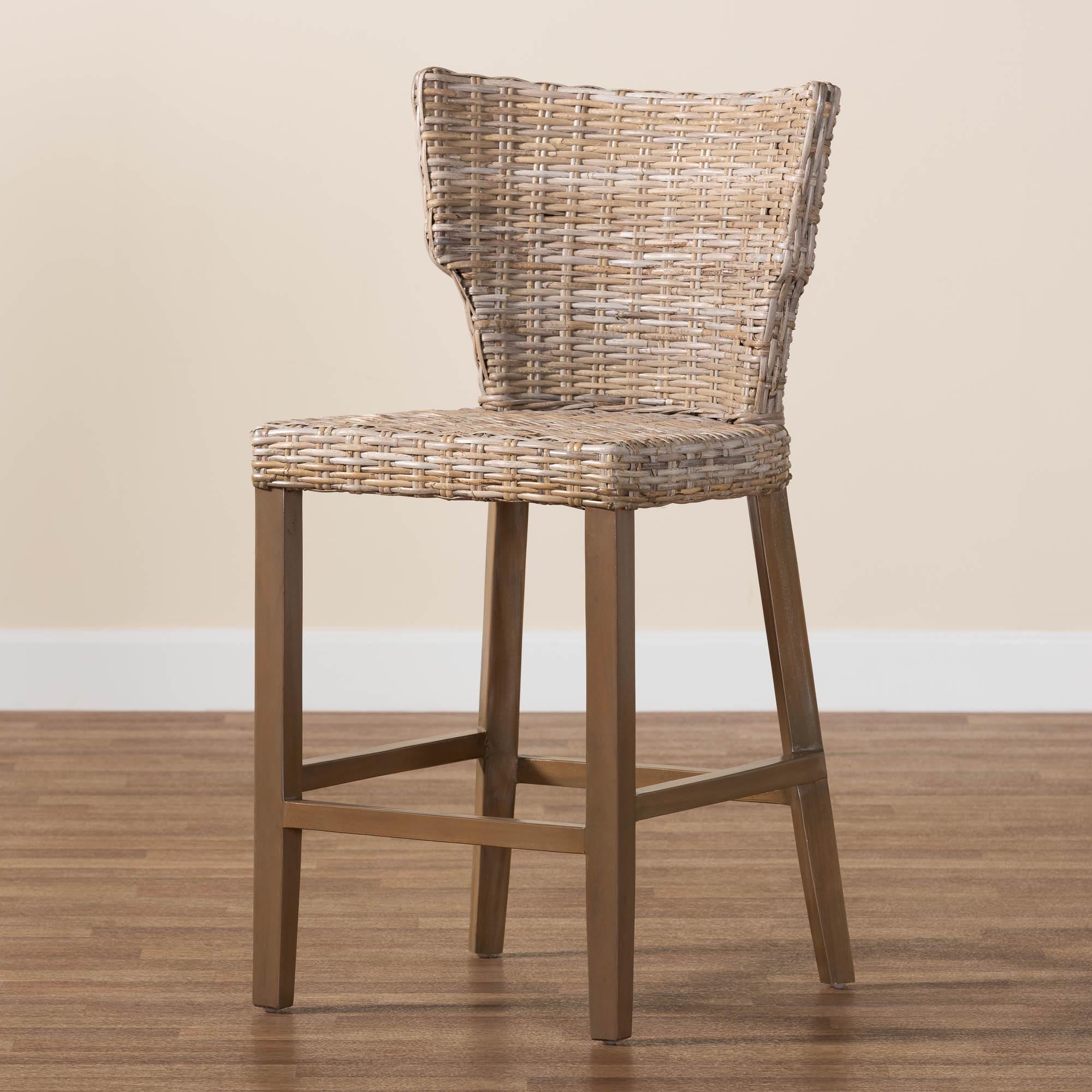 Enver Modern Bohemian Grey Kubu Rattan and Mahogany Wood Counter Stool