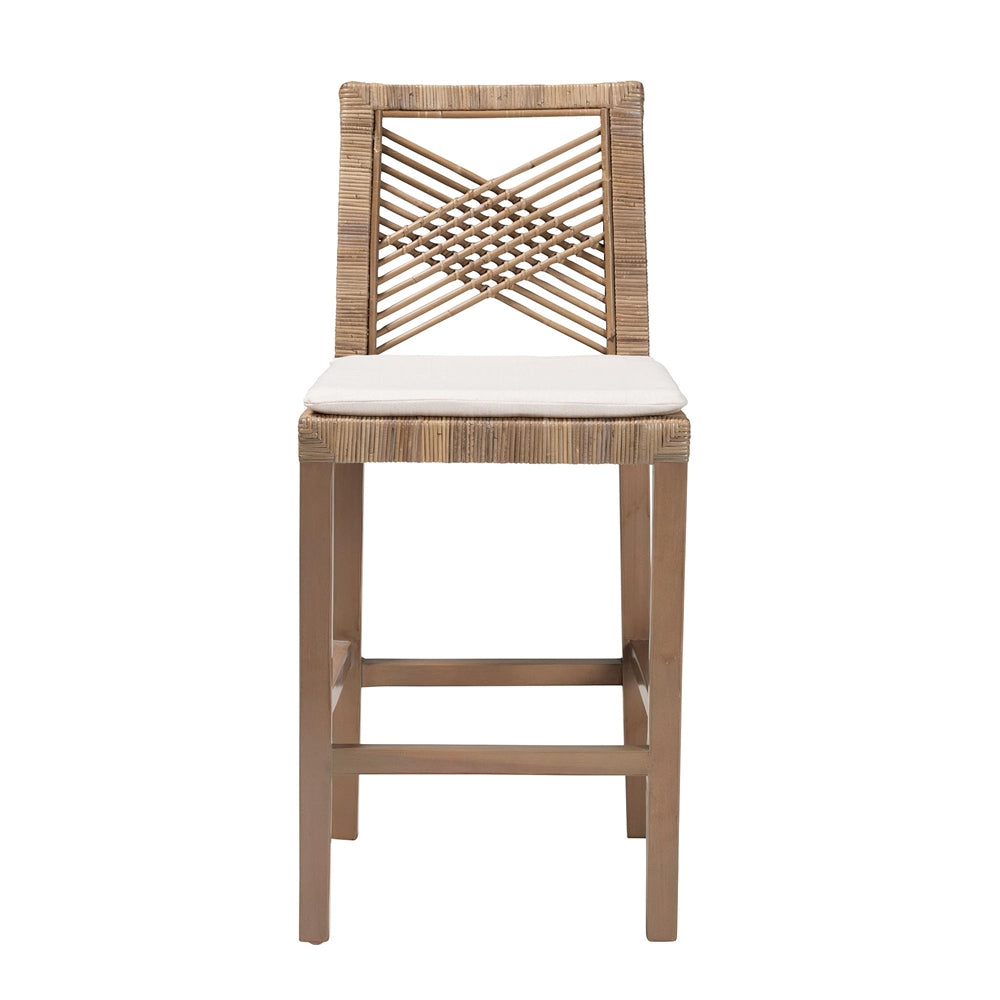 Poltak Modern Bohemian Grey Natural Kubu Rattan and Mahogany Wood Counter Stool