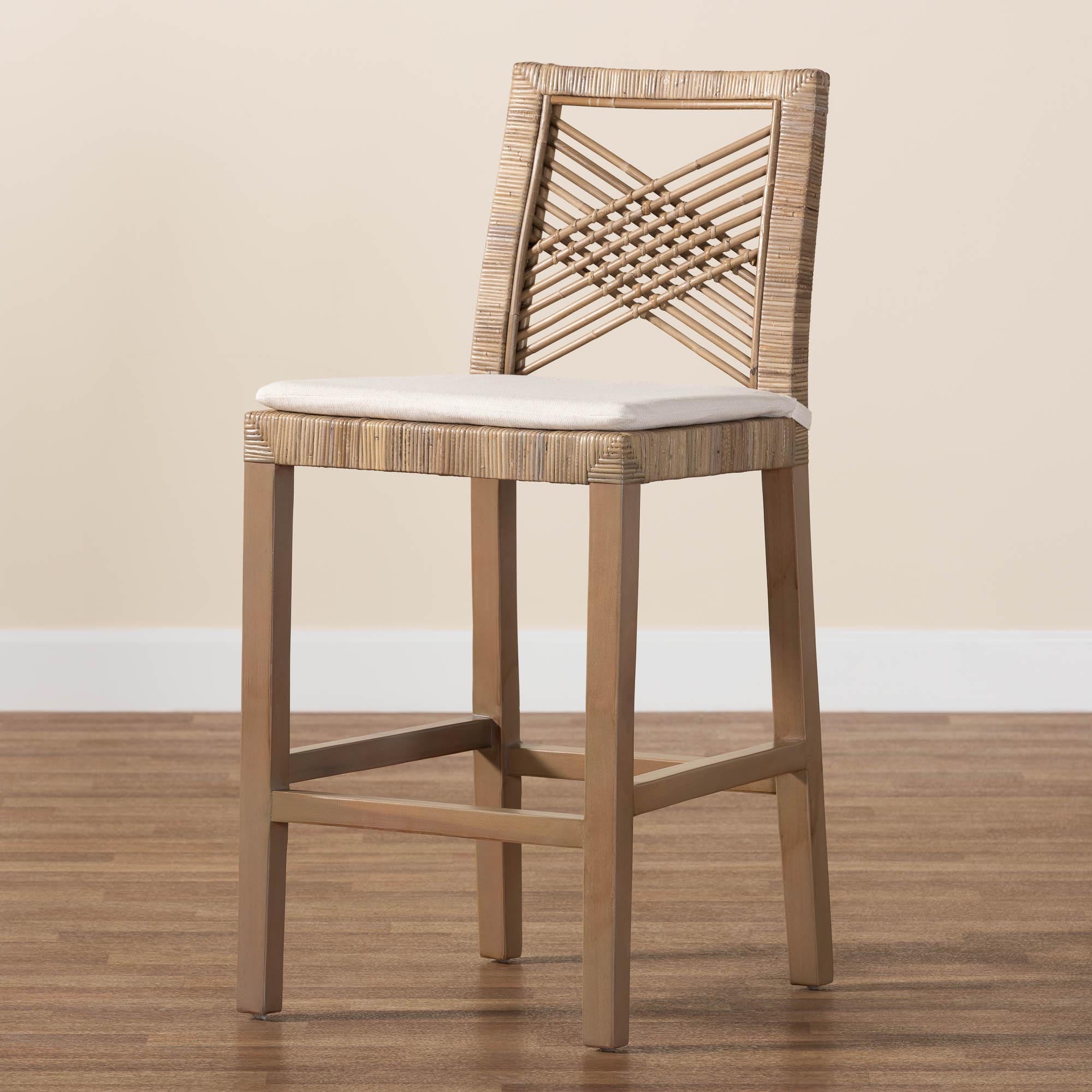 Poltak Modern Bohemian Grey Natural Kubu Rattan and Mahogany Wood Counter Stool