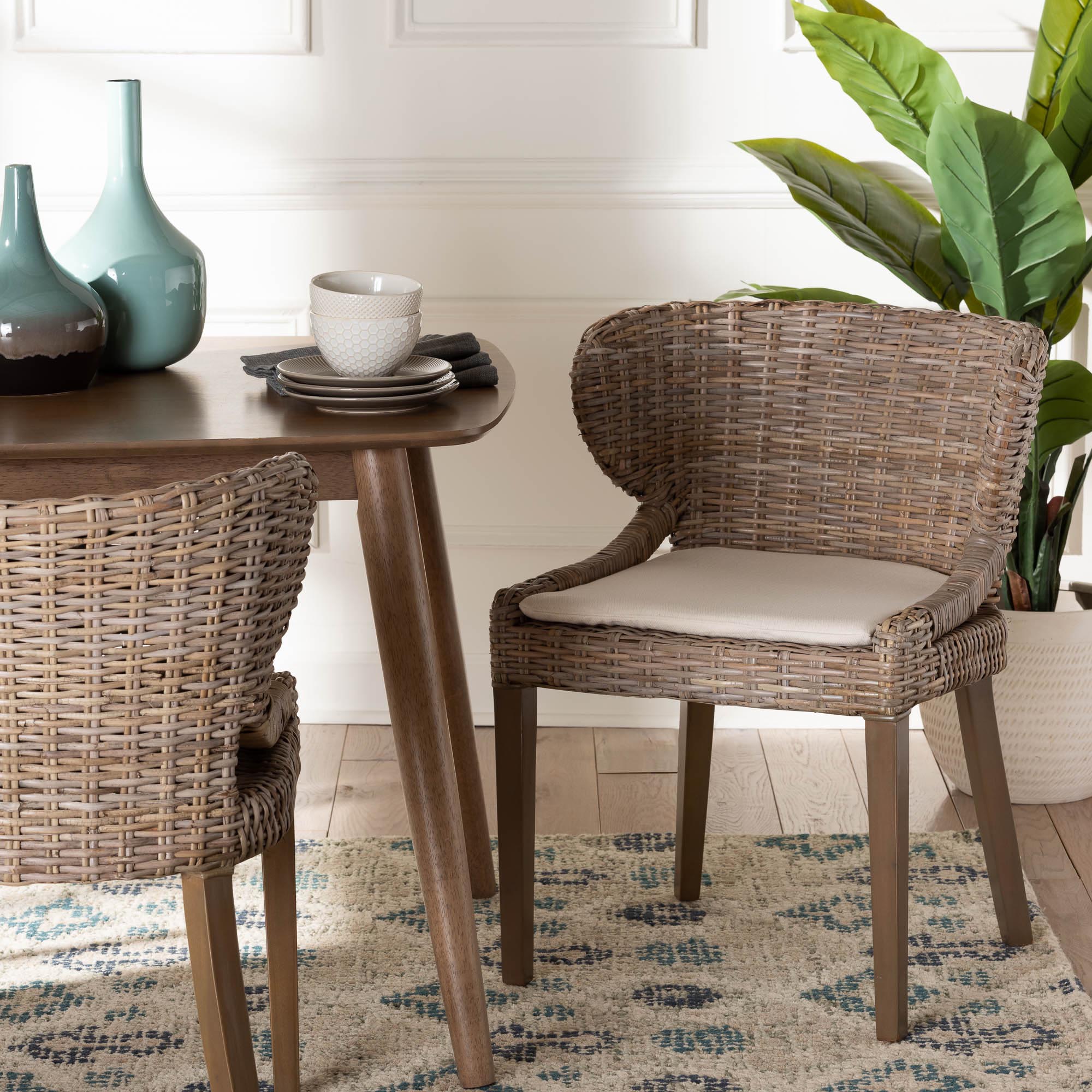 Niesha Bohemian Grey Natural Kubu Rattan and Mahogany Wood Dining Chair
