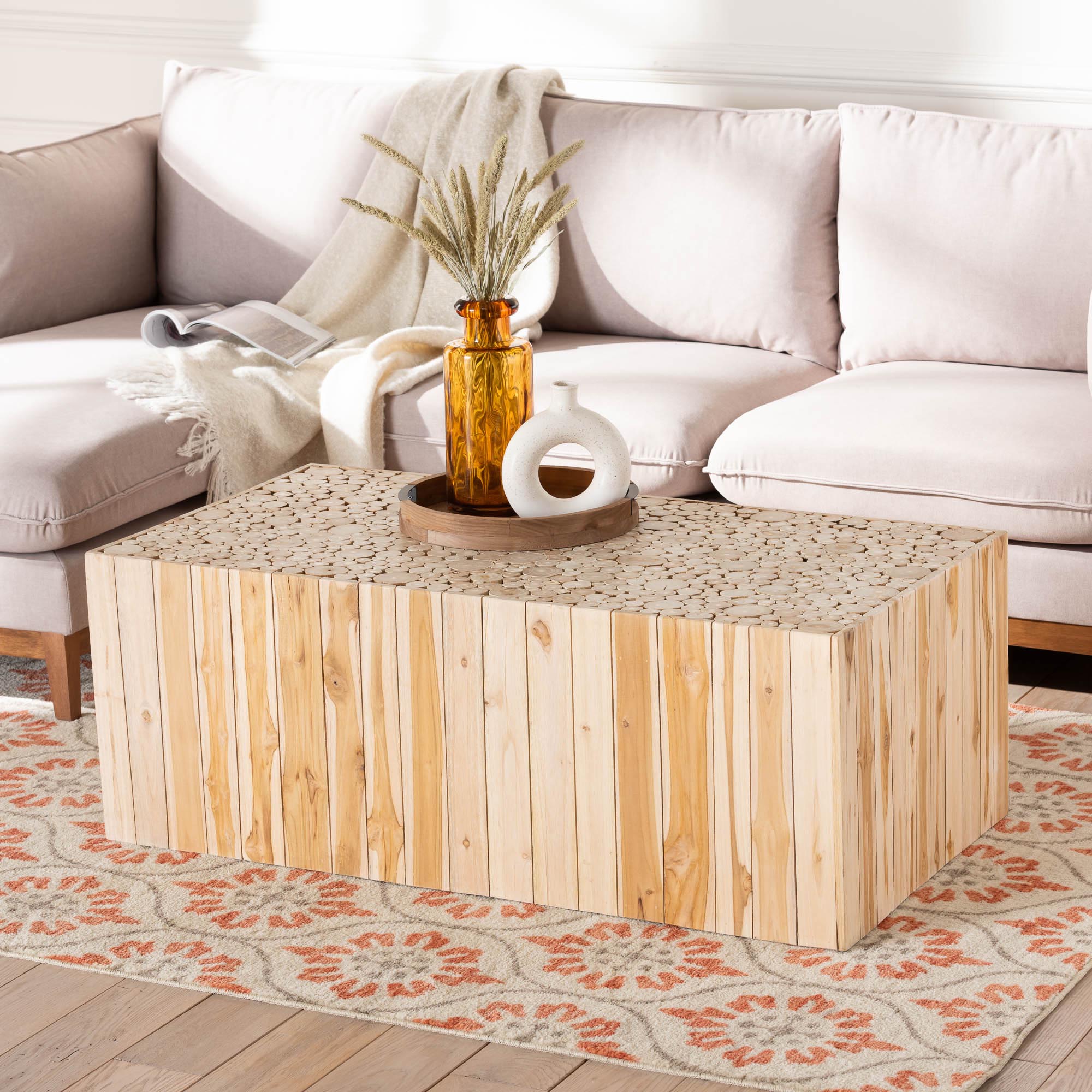 Grayson Bohemian Natural Teak Wood Coffee Table with Unique Repurposed Wood Logs