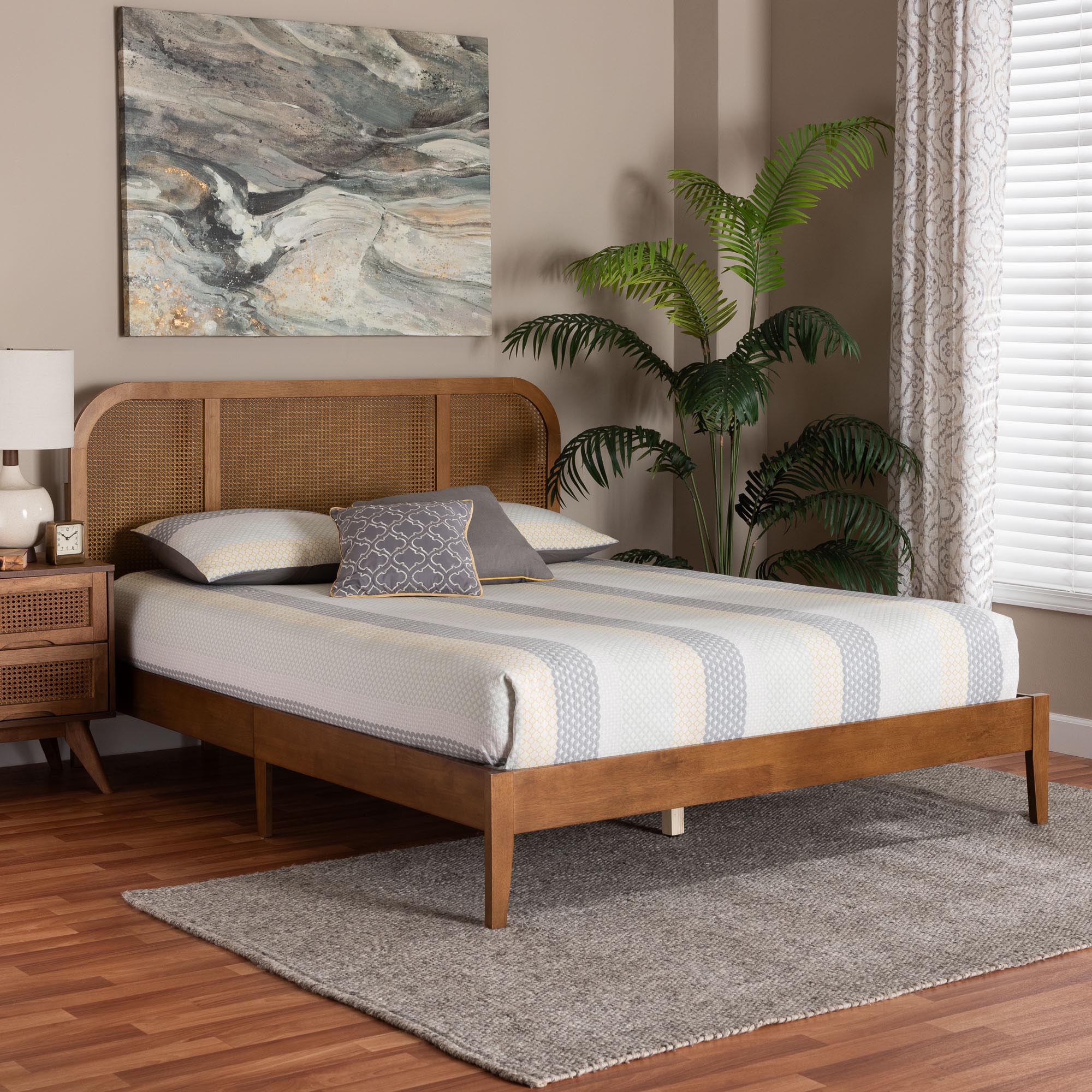 Fleur Mid-Century Woven Rattan Wood Queen Size Bed